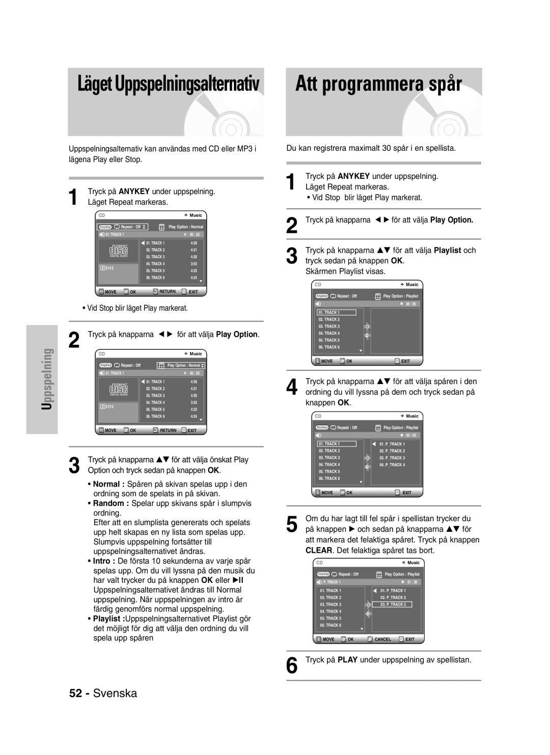 Samsung DVD-VR320/XEE manual Läget Uppspelningsalternativ Att programmera spår, Läget Repeat markeras 