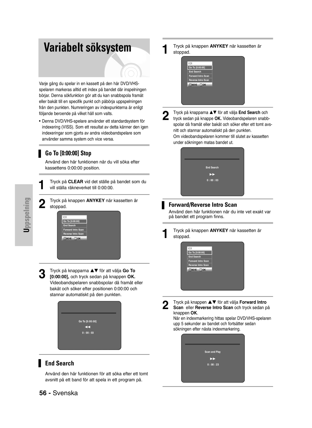 Samsung DVD-VR320/XEE manual Variabelt söksystem 