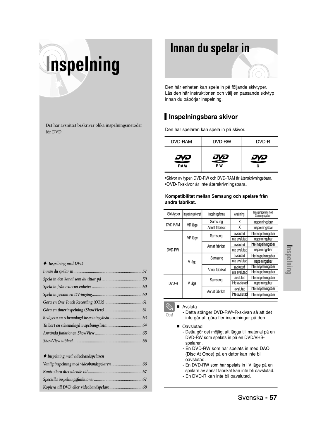 Samsung DVD-VR320/XEE manual Innan du spelar, Inspelningsbara skivor 