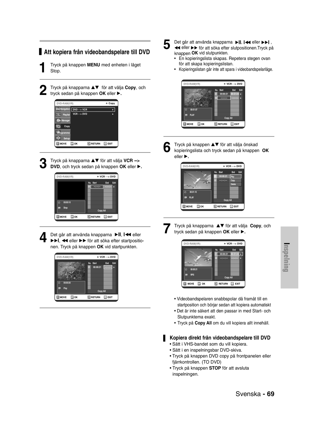 Samsung DVD-VR320/XEE manual Kopiera direkt från videobandspelare till DVD, Tryck på knappen Menu med enheten i läget, Stop 