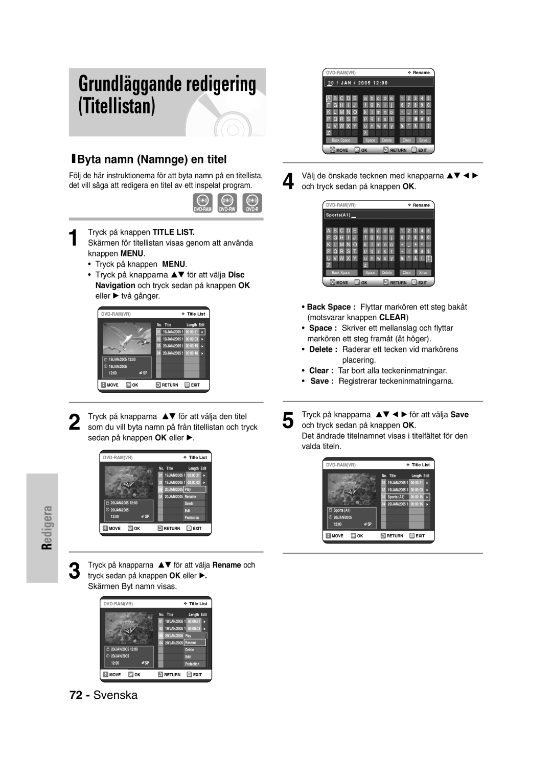 Samsung DVD-VR320/XEE manual Grundläggande redigering Titellistan, Byta namn Namnge en titel 