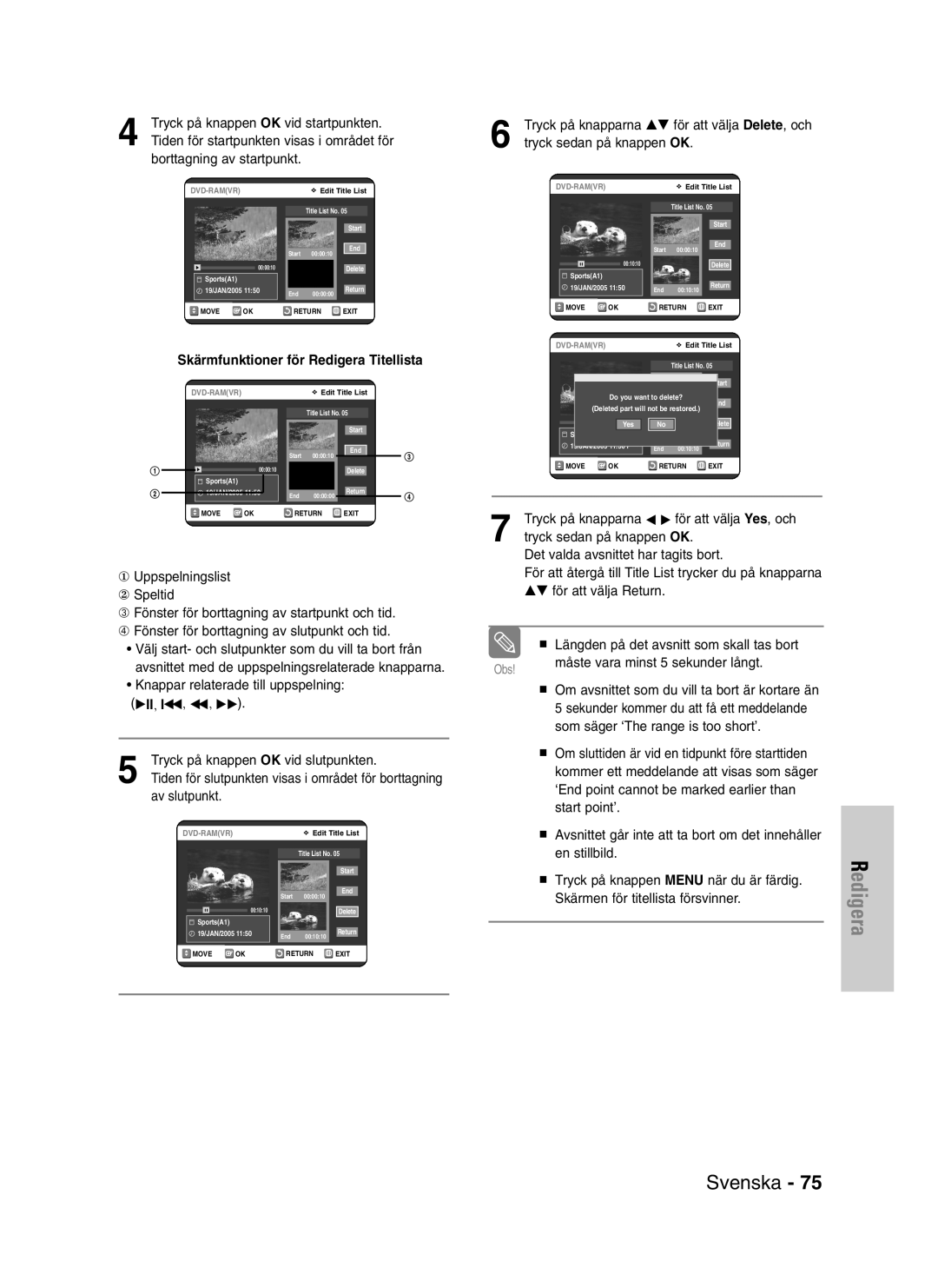 Samsung DVD-VR320/XEE manual Skärmfunktioner för Redigera Titellista 