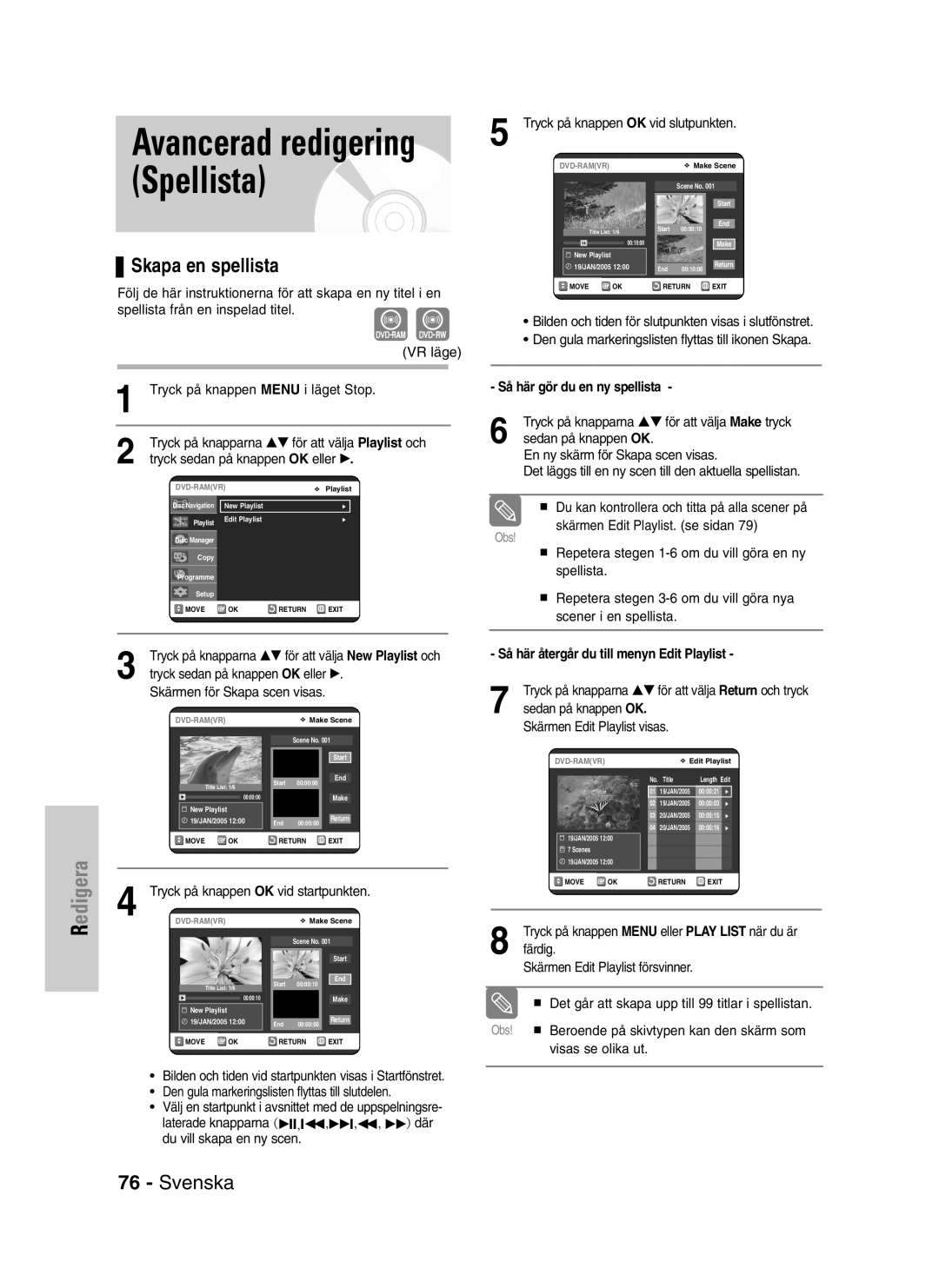 Samsung DVD-VR320/XEE manual Skapa en spellista, Så här gör du en ny spellista, Så här återgår du till menyn Edit Playlist 