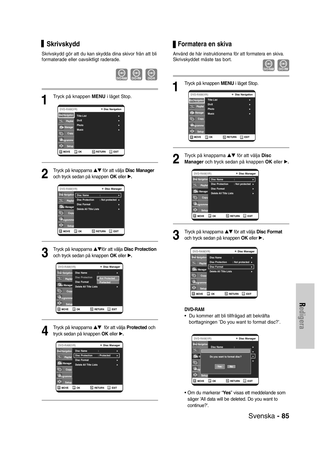 Samsung DVD-VR320/XEE manual Skrivskydd, Formatera en skiva, Manager och tryck sedan på knappen OK eller √ 