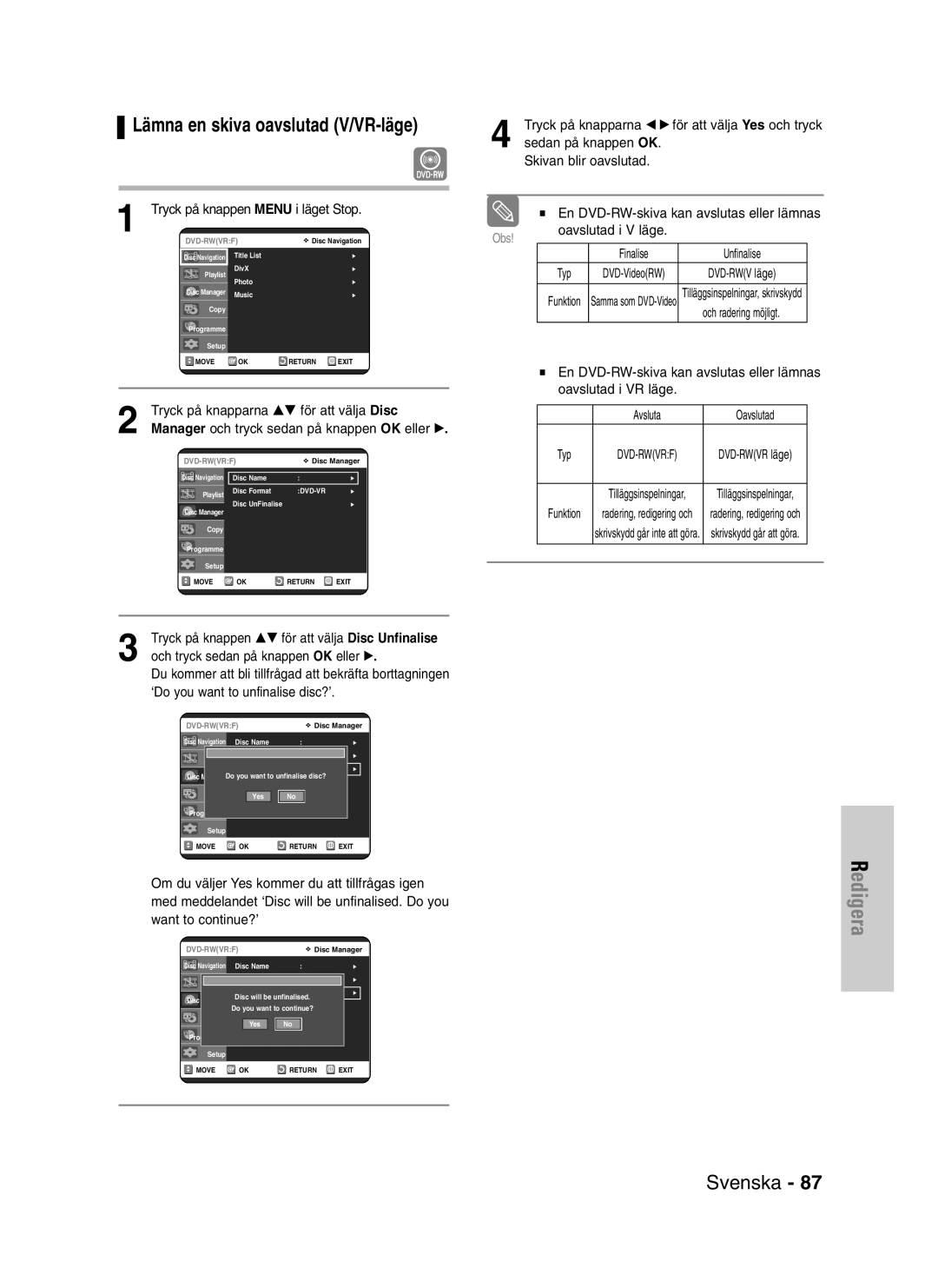 Samsung DVD-VR320/XEE manual Lämna en skiva oavslutad V/VR-läge, Tryck på knapparna …† för att välja Disc, Typ 