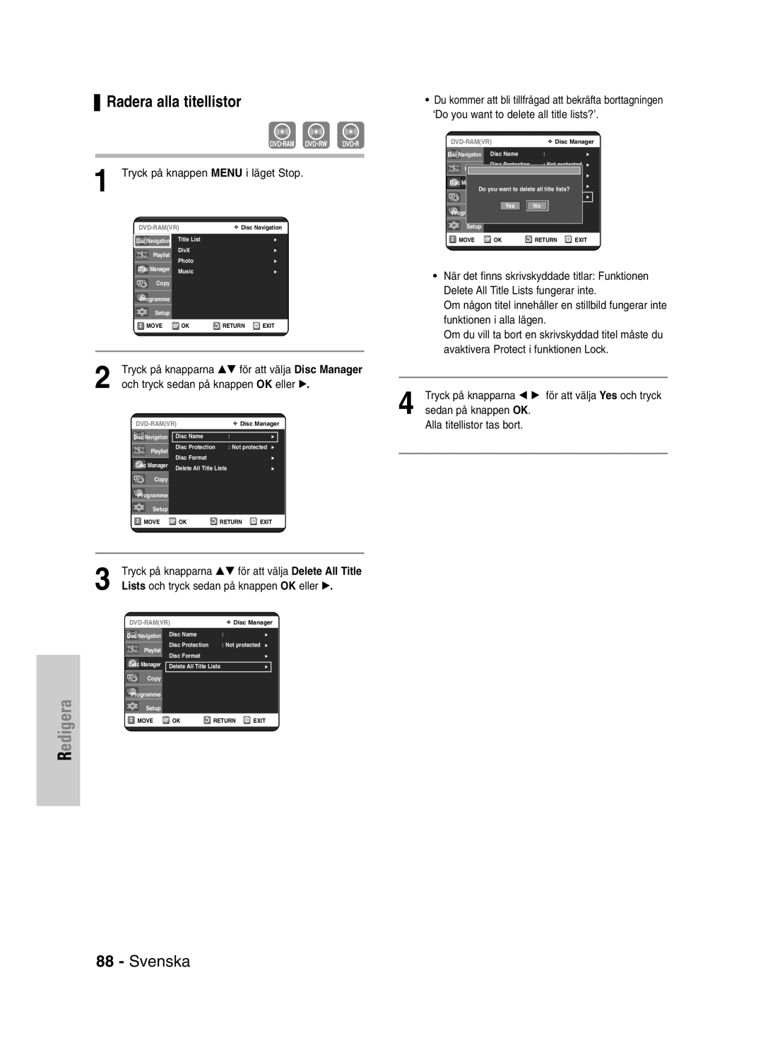 Samsung DVD-VR320/XEE manual Radera alla titellistor, Lists och tryck sedan på knappen OK eller √ 