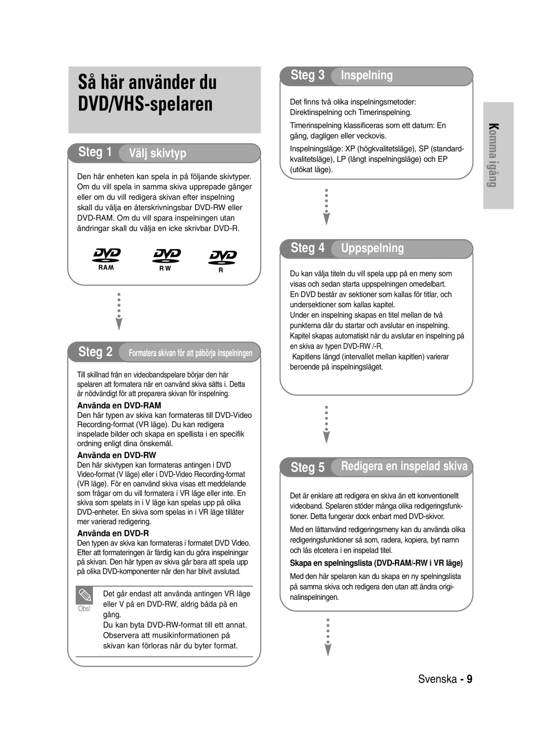 Samsung DVD-VR320/XEE manual Så här använder du DVD/VHS-spelaren, Det går endast att använda antingen VR läge, Utökat läge 