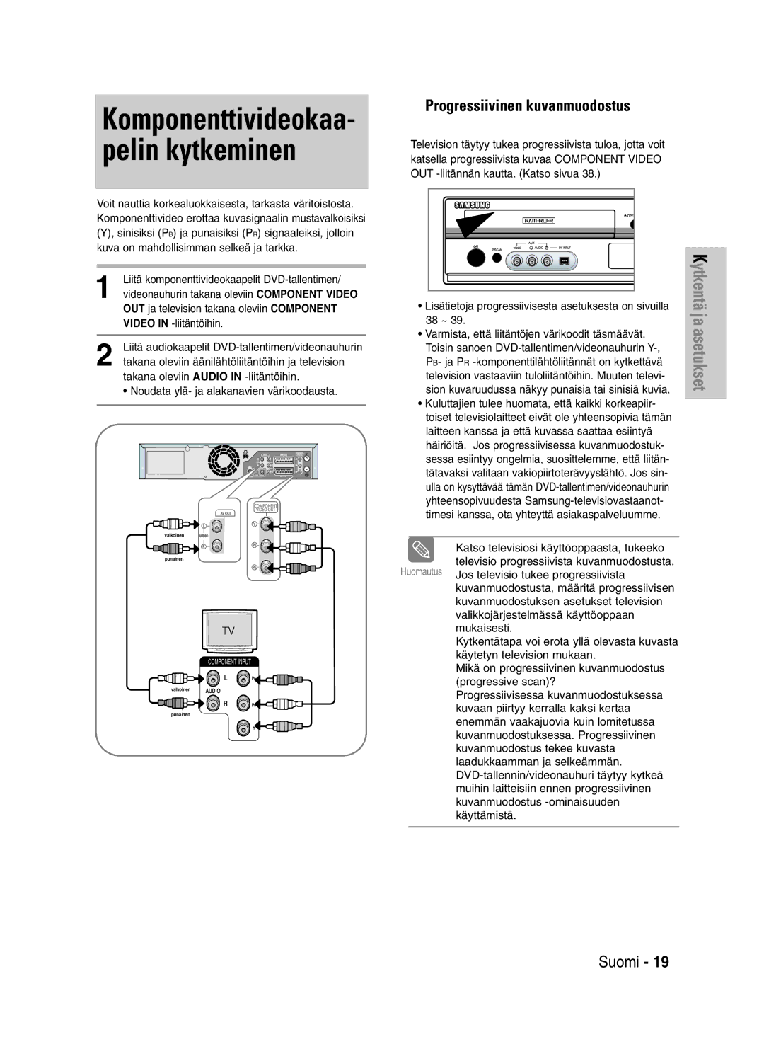 Samsung DVD-VR320/XEE manual Komponenttivideokaa- pelin kytkeminen 