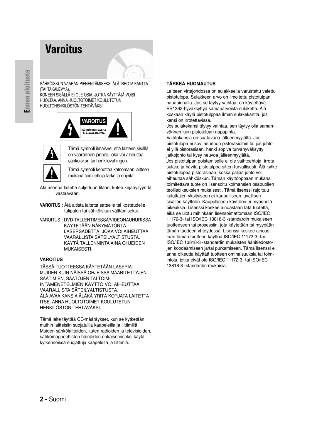 Samsung DVD-VR320/XEE manual Varoitus 