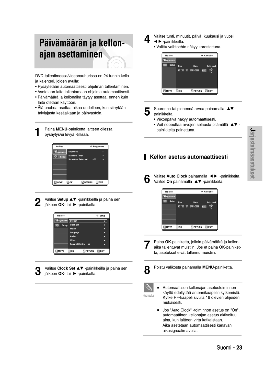 Samsung DVD-VR320/XEE manual Päivämäärän ja kellon- ajan asettaminen, Kellon asetus automaattisesti 