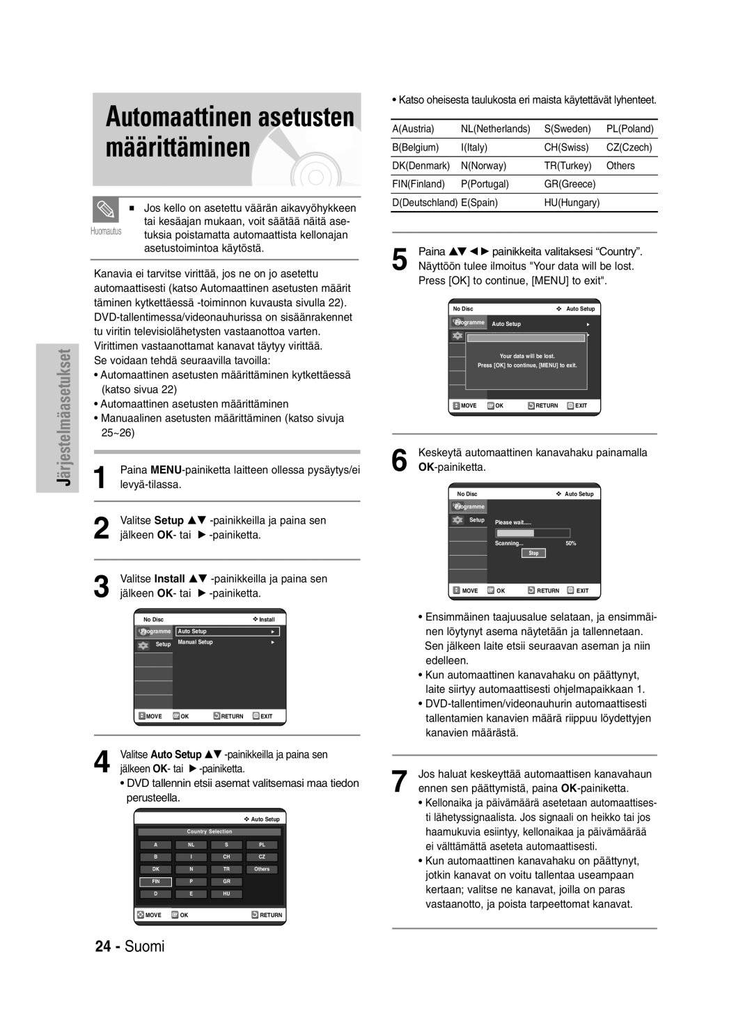 Samsung DVD-VR320/XEE manual Automaattinen asetusten määrittäminen 