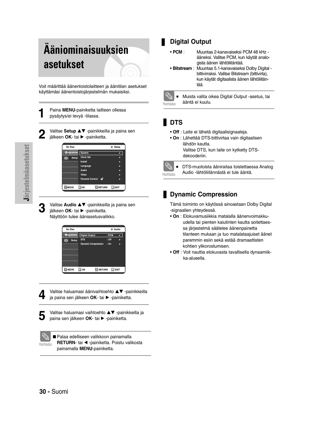 Samsung DVD-VR320/XEE manual Ääniominaisuuksien asetukset, Digital Output, Dynamic Compression 