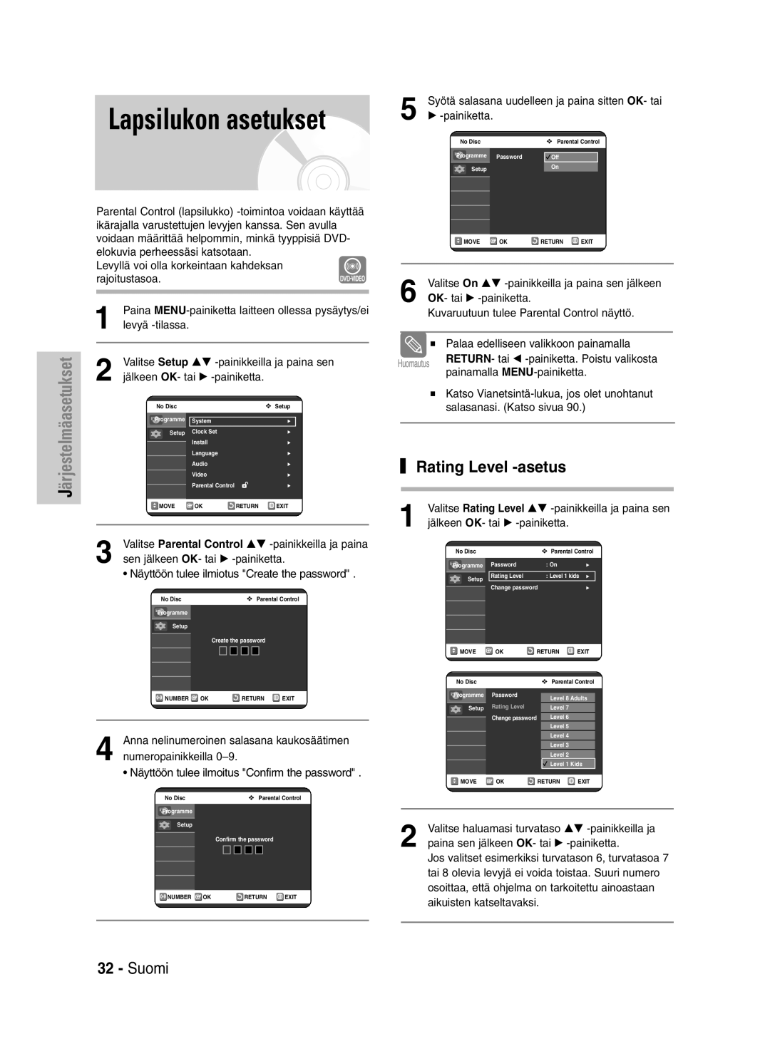 Samsung DVD-VR320/XEE manual Rating Level -asetus, Syötä salasana uudelleen ja paina sitten OK- tai 