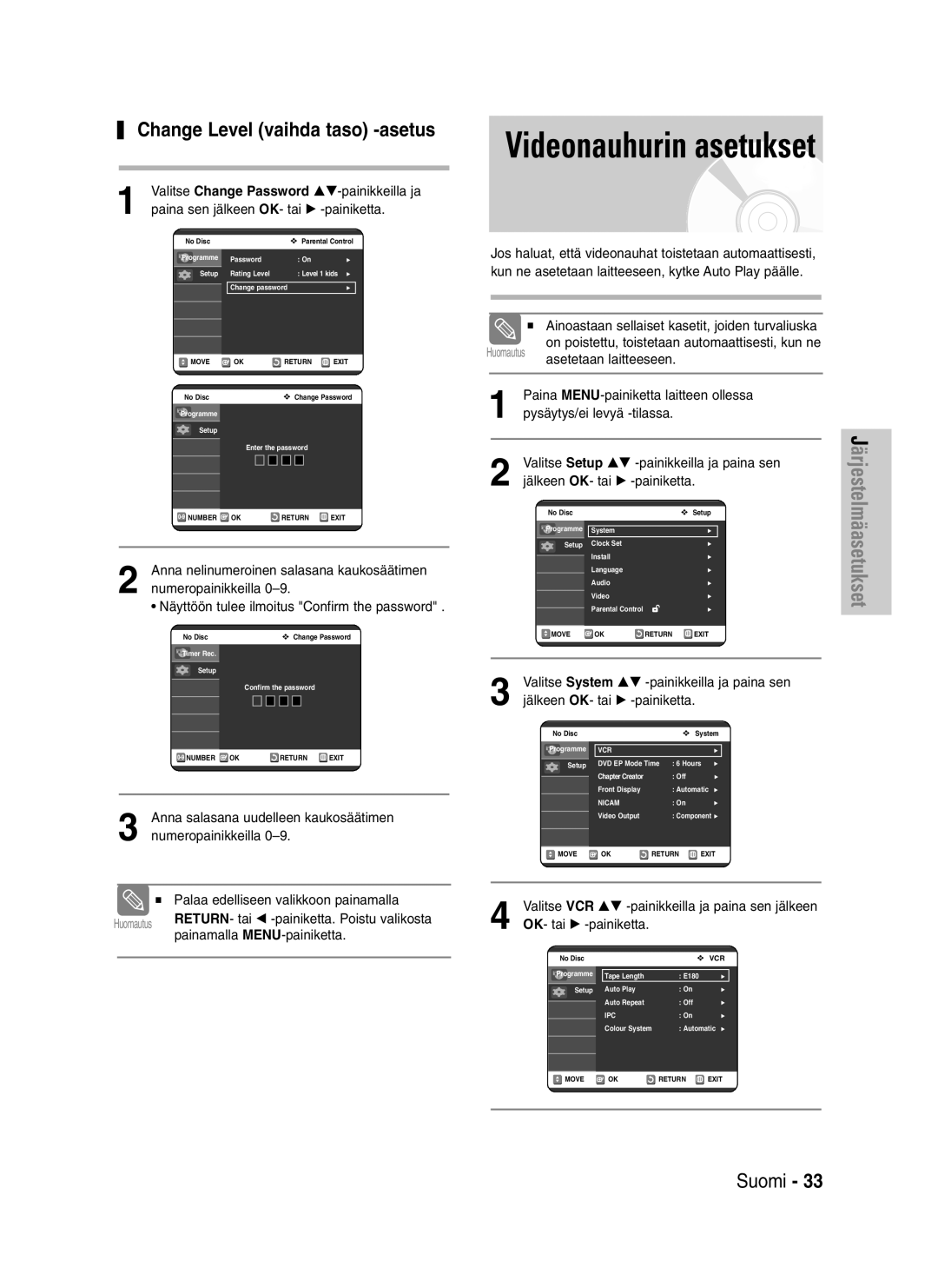 Samsung DVD-VR320/XEE manual Videonauhurin asetukset, Change Level vaihda taso -asetus 