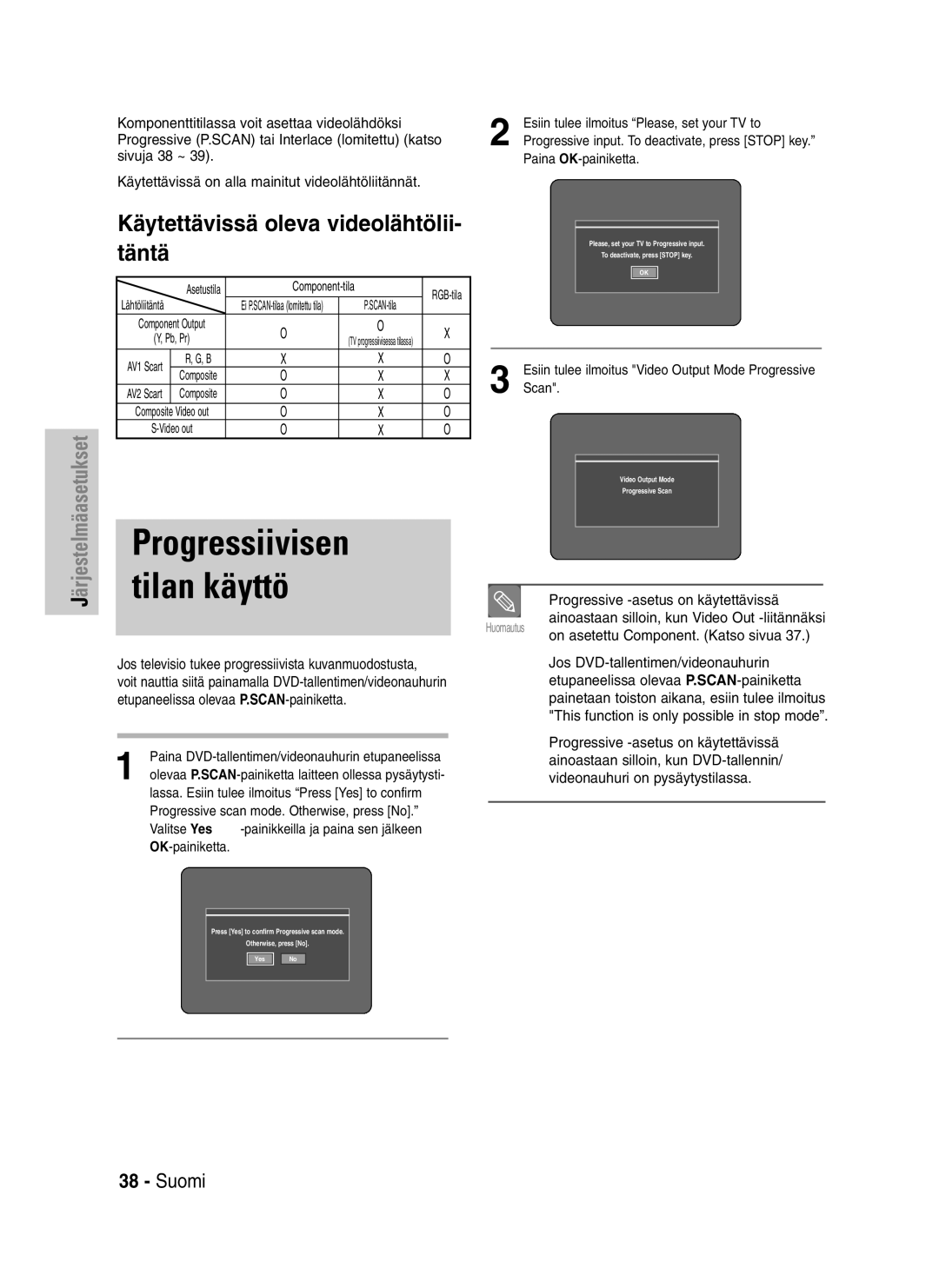 Samsung DVD-VR320/XEE Komponenttitilassa voit asettaa videolähdöksi, Progressive P.SCAN tai Interlace lomitettu katso 