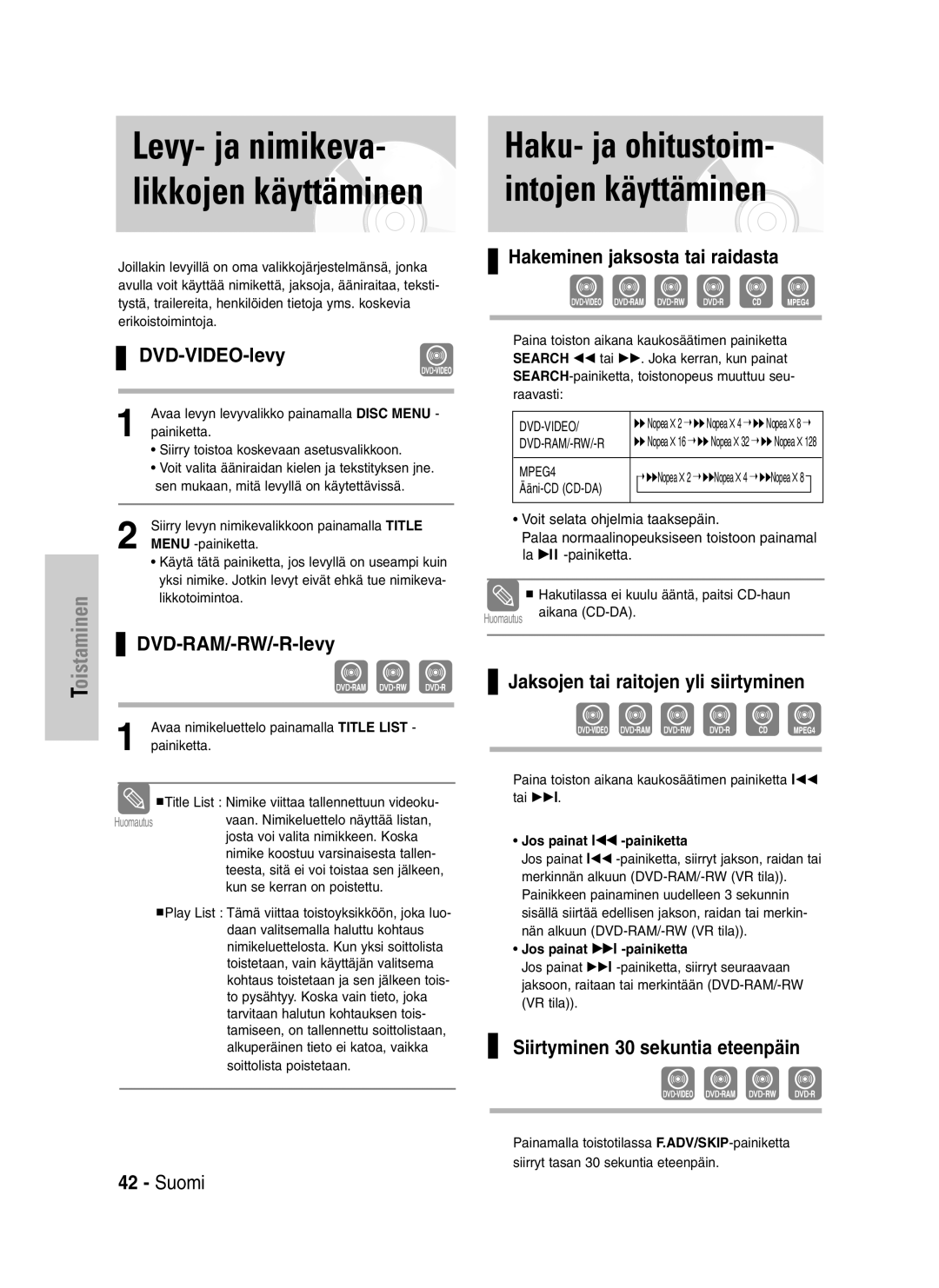 Samsung DVD-VR320/XEE manual Haku- ja ohitustoim- intojen käyttäminen 