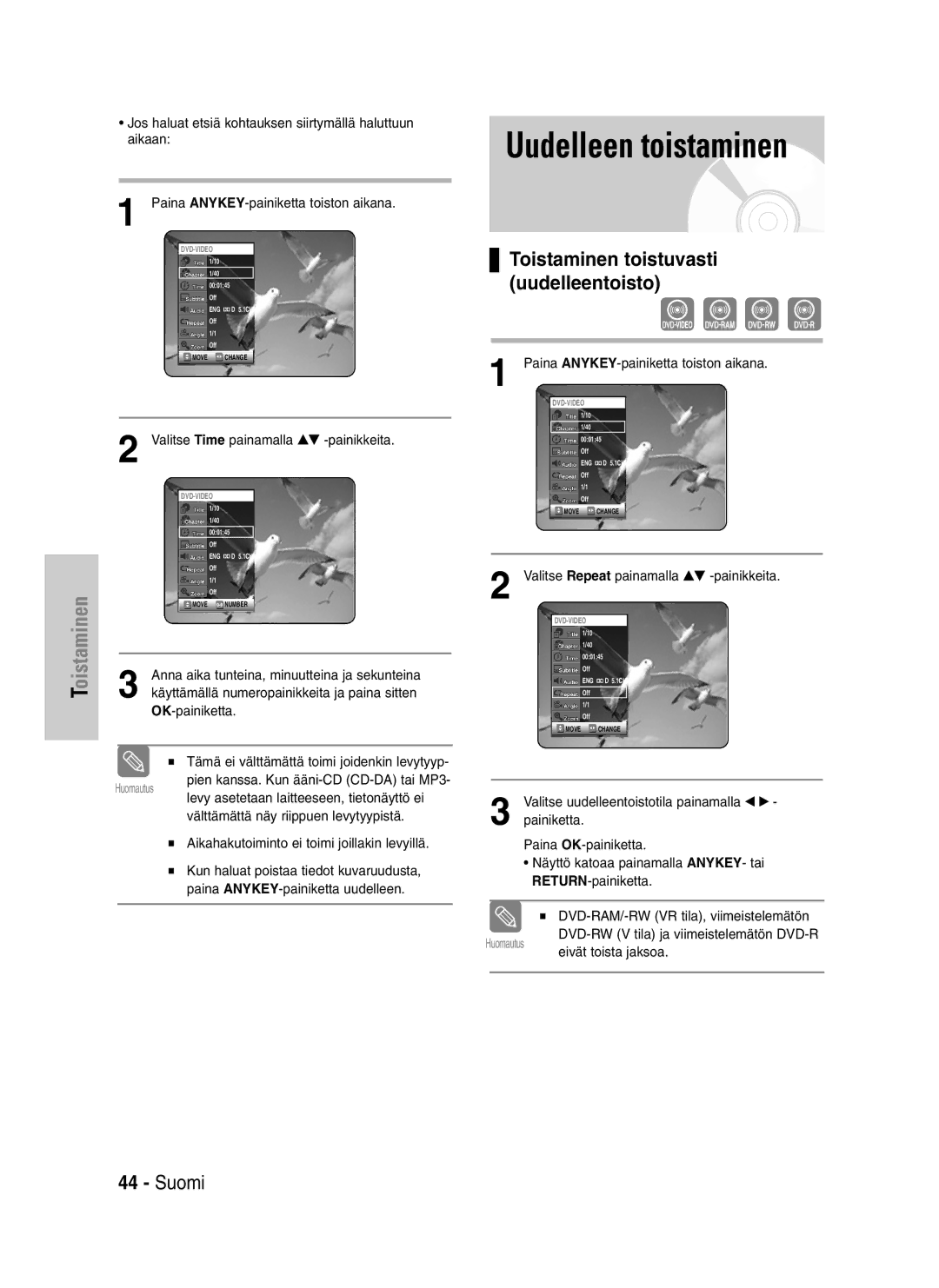 Samsung DVD-VR320/XEE manual Uudelleen toistaminen, Toistaminen toistuvasti uudelleentoisto, Eivät toista jaksoa 