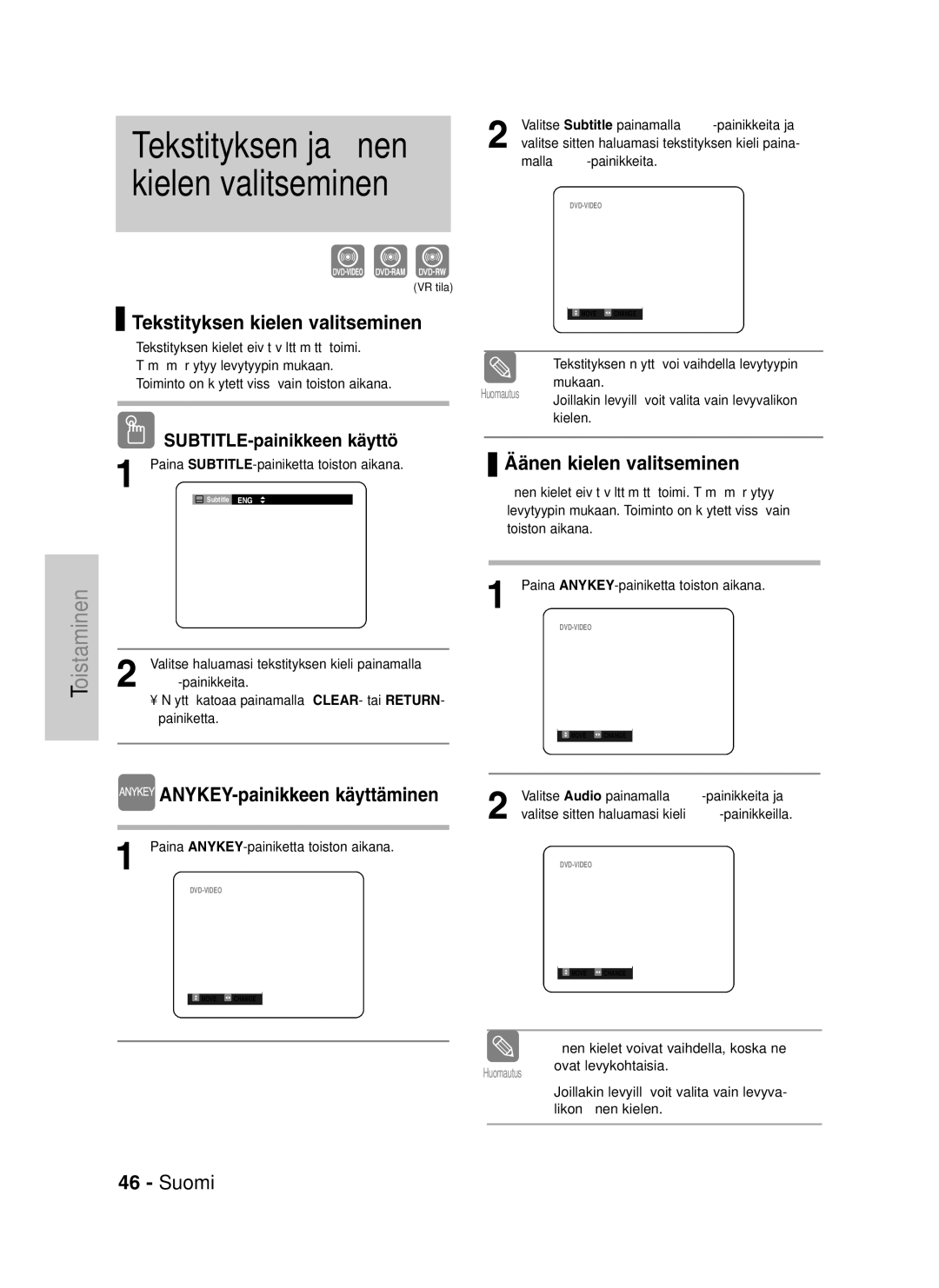 Samsung DVD-VR320/XEE manual Tekstityksen ja äänen kielen valitseminen, Tekstityksen kielen valitseminen 