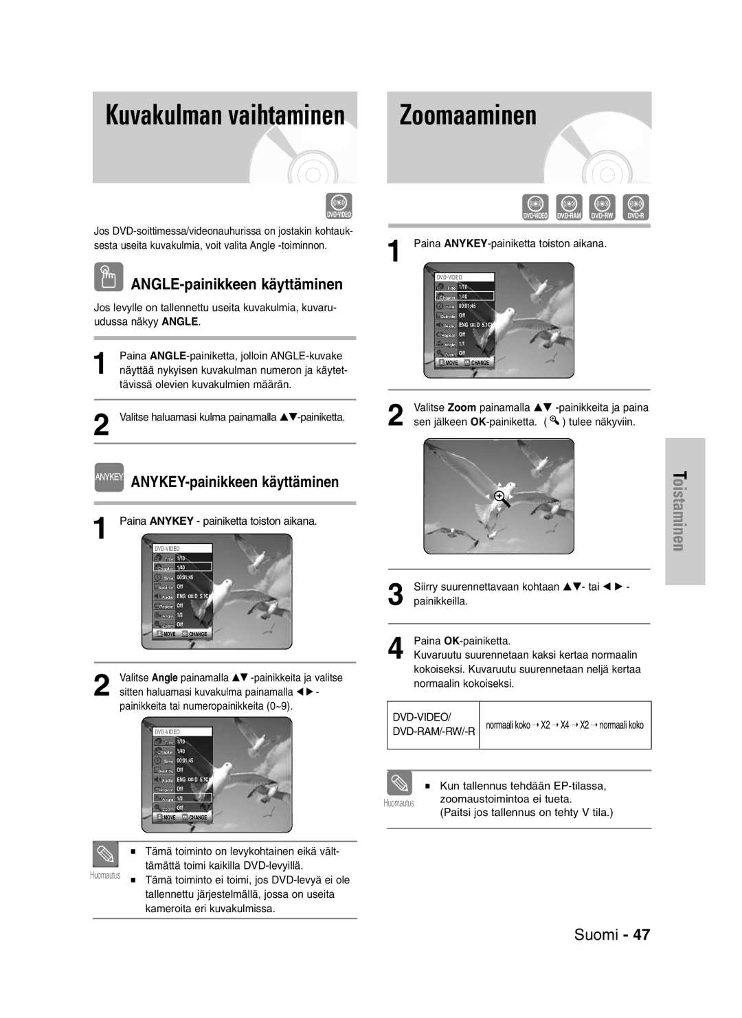 Samsung DVD-VR320/XEE manual ANGLE-painikkeen käyttäminen 