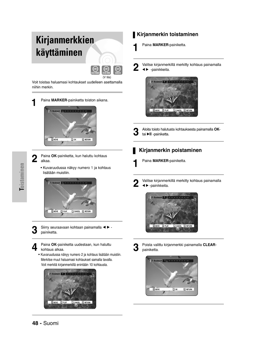 Samsung DVD-VR320/XEE manual Kirjanmerkin toistaminen, Kirjanmerkin poistaminen 