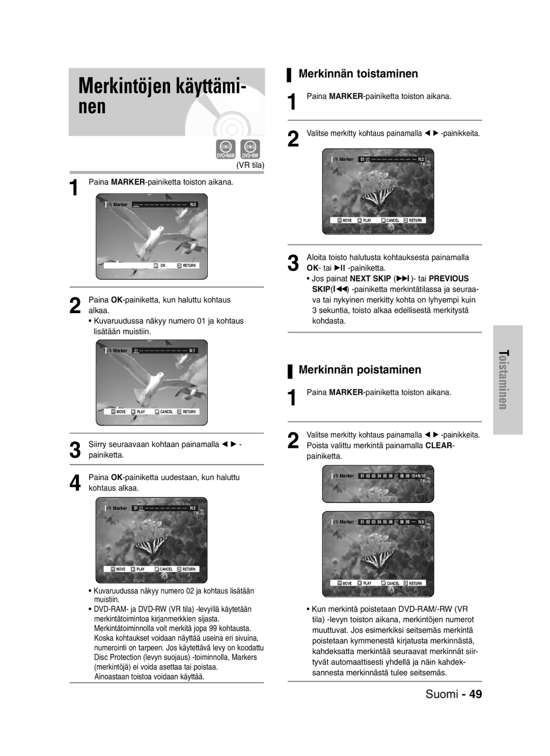 Samsung DVD-VR320/XEE manual Merkintöjen käyttämi- nen, Merkinnän toistaminen, Merkinnän poistaminen 