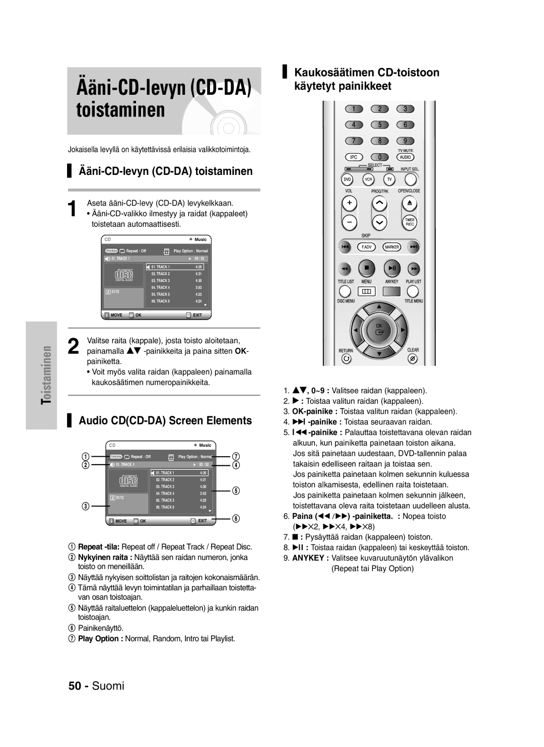 Samsung DVD-VR320/XEE manual Ääni-CD-levyn CD-DA toistaminen, Kaukosäätimen CD-toistoon käytetyt painikkeet 