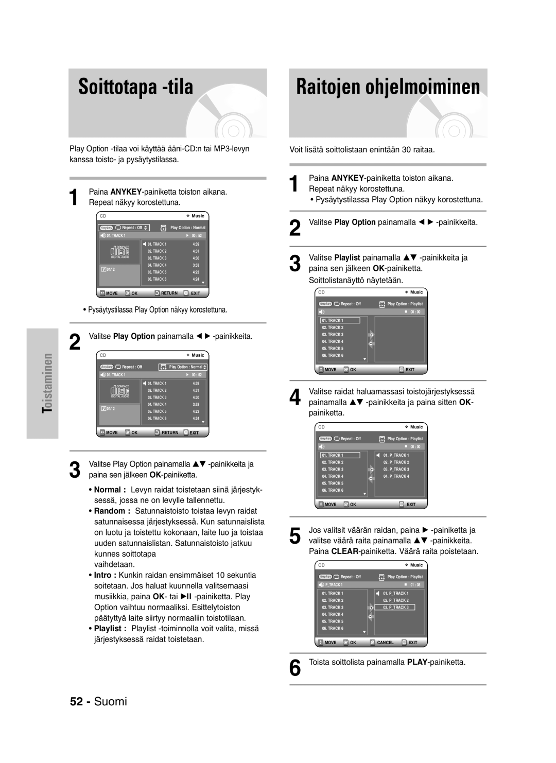 Samsung DVD-VR320/XEE manual Soittotapa -tila, Raitojen ohjelmoiminen 