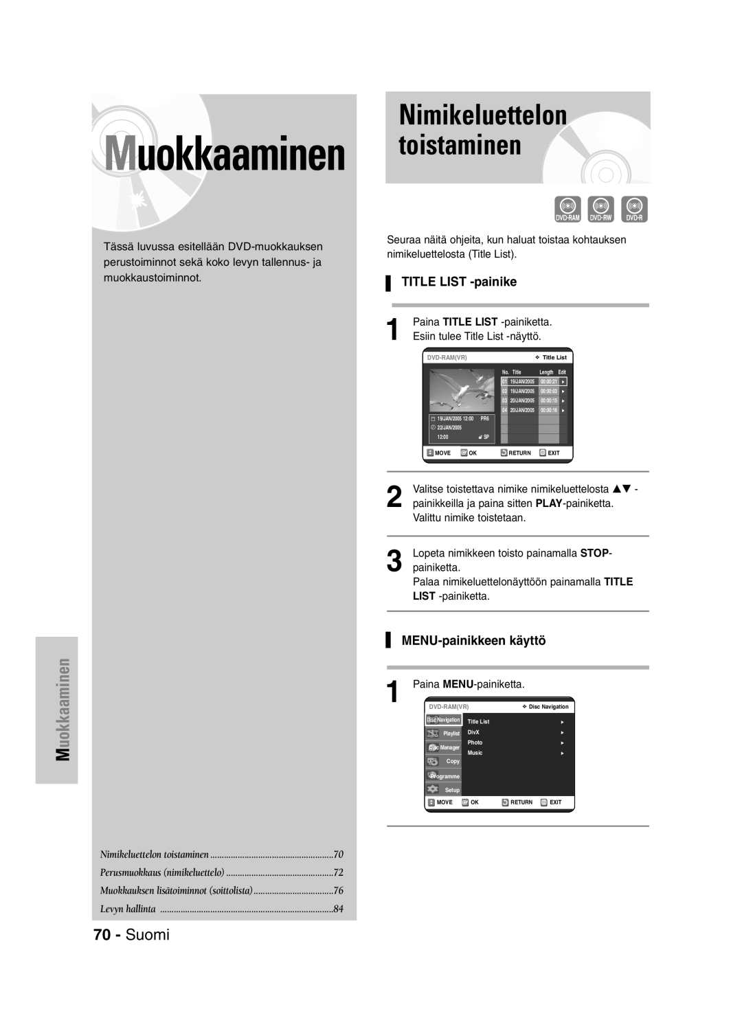 Samsung DVD-VR320/XEE manual Nimikeluettelon, Title List -painike, MENU-painikkeen käyttö 