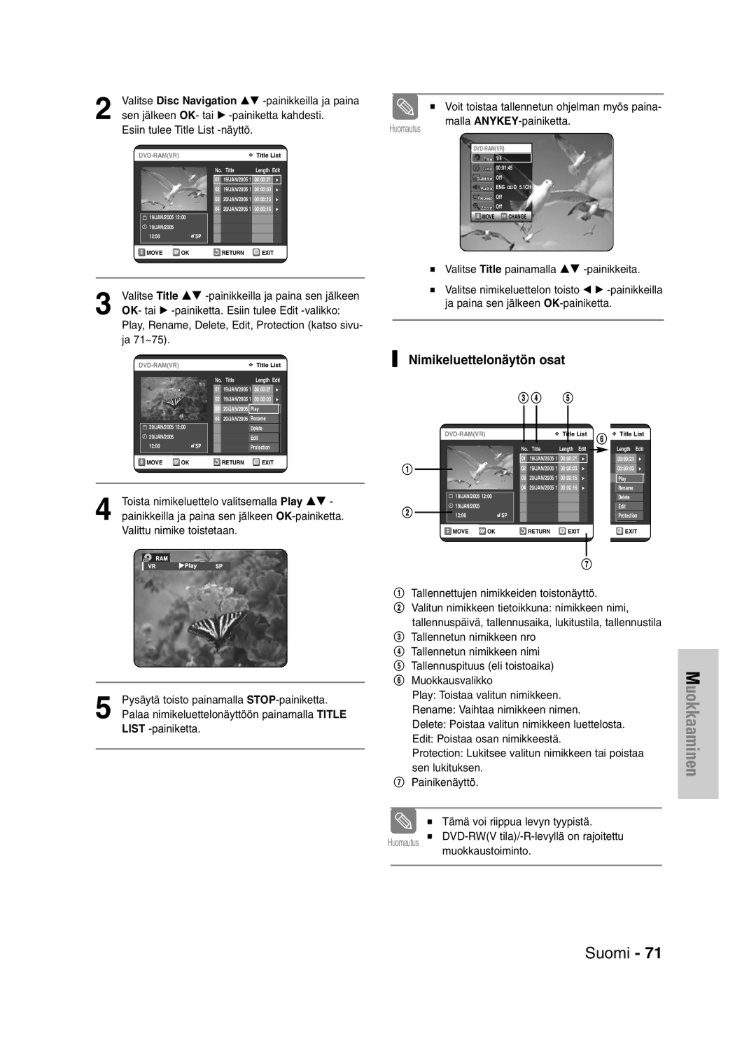 Samsung DVD-VR320/XEE manual Nimikeluettelonäytön osat 