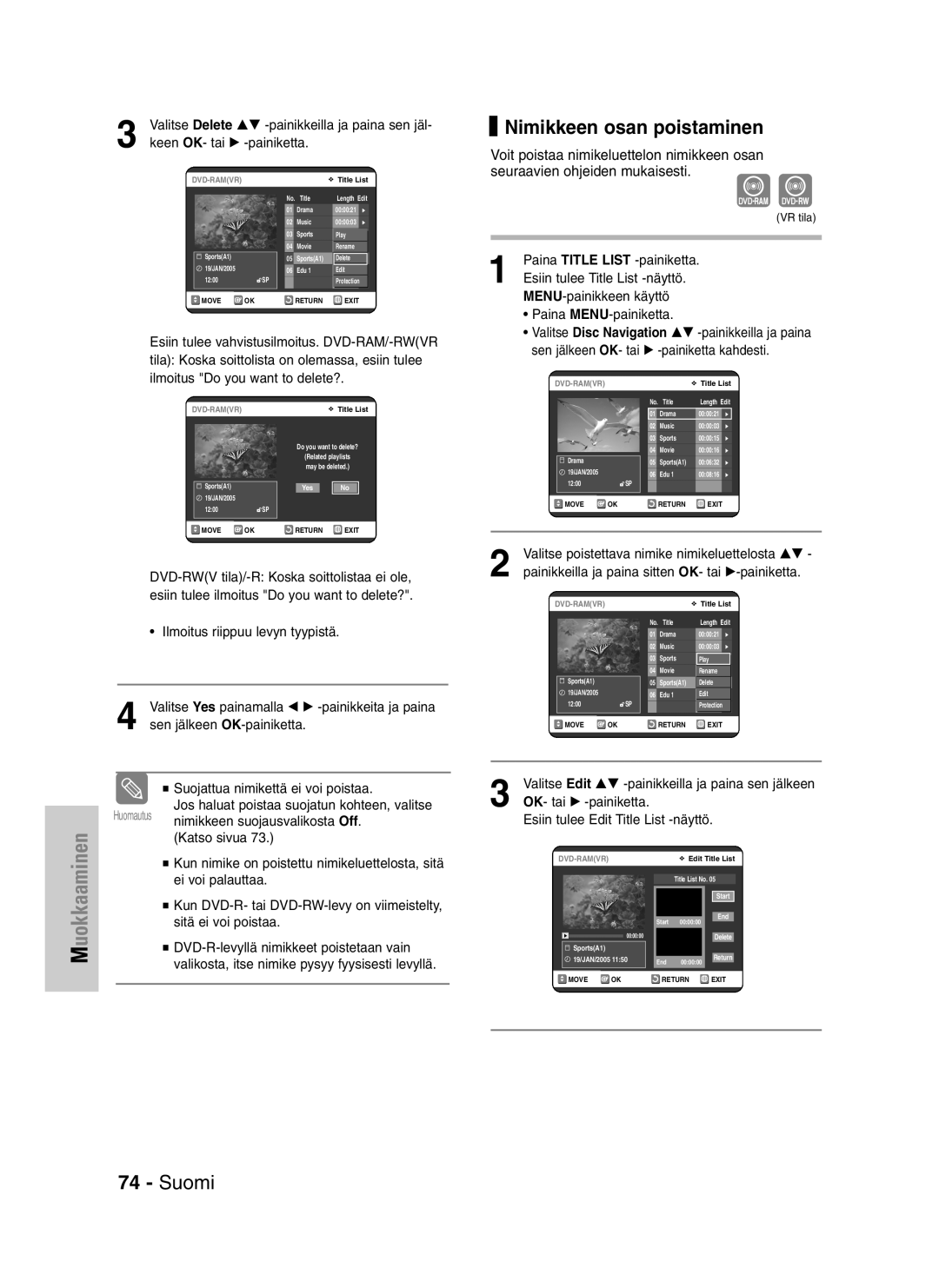 Samsung DVD-VR320/XEE manual Nimikkeen osan poistaminen 