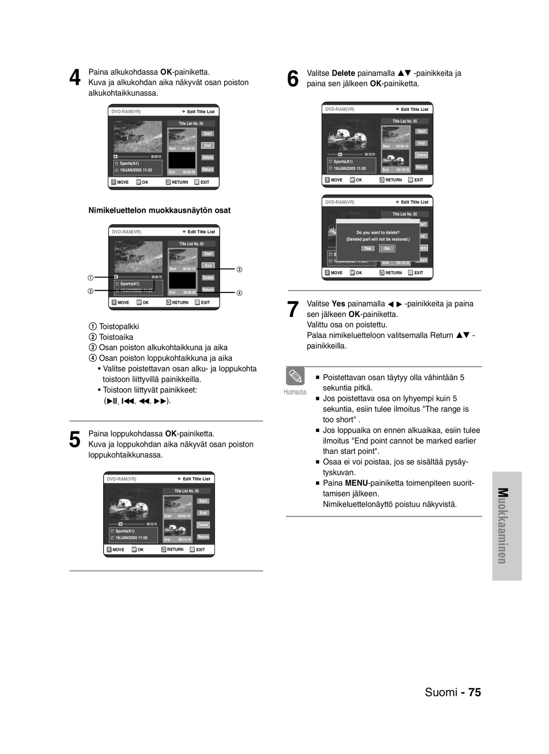 Samsung DVD-VR320/XEE manual Nimikeluettelon muokkausnäytön osat 