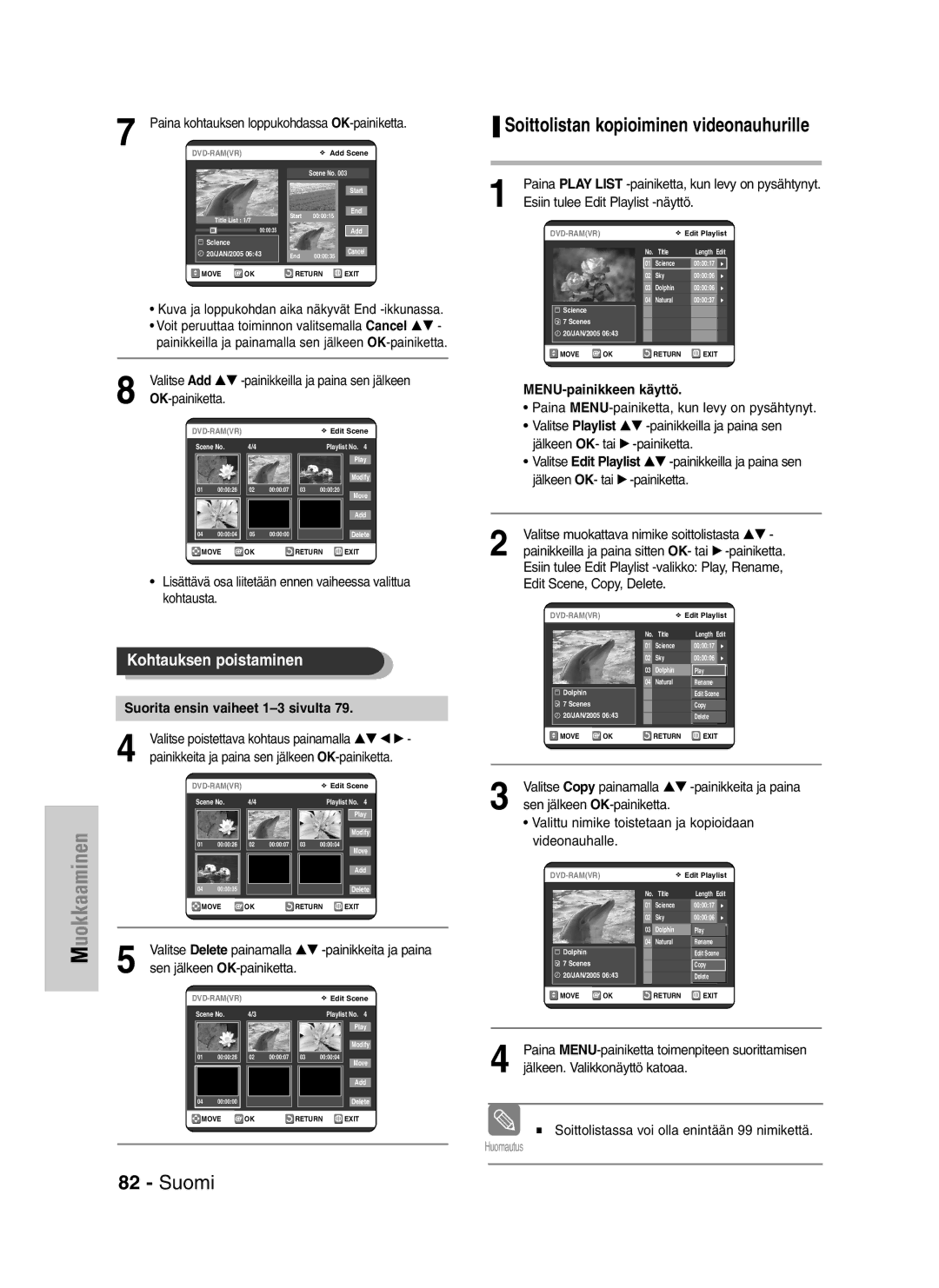 Samsung DVD-VR320/XEE manual Soittolistan kopioiminen videonauhurille, Paina kohtauksen loppukohdassa OK-painiketta 