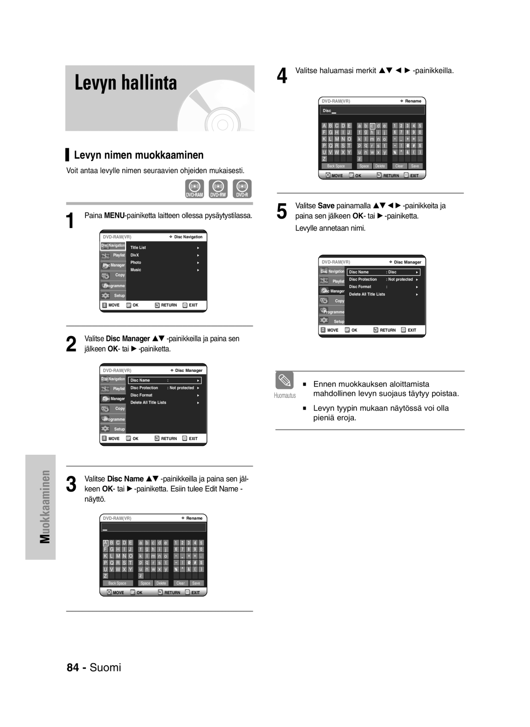 Samsung DVD-VR320/XEE manual Levyn hallinta, Levyn nimen muokkaaminen 