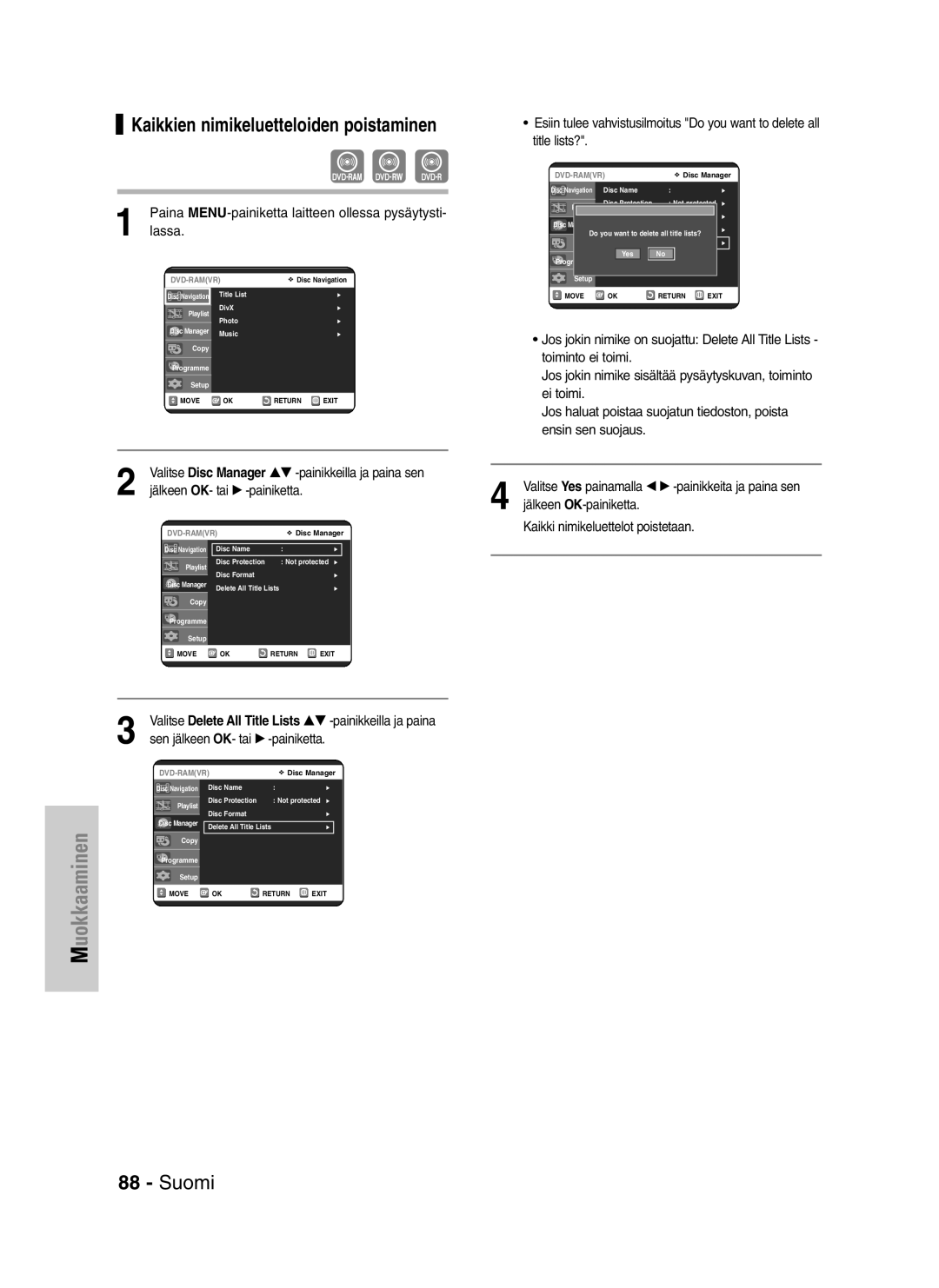 Samsung DVD-VR320/XEE manual Kaikkien nimikeluetteloiden poistaminen, Lassa 