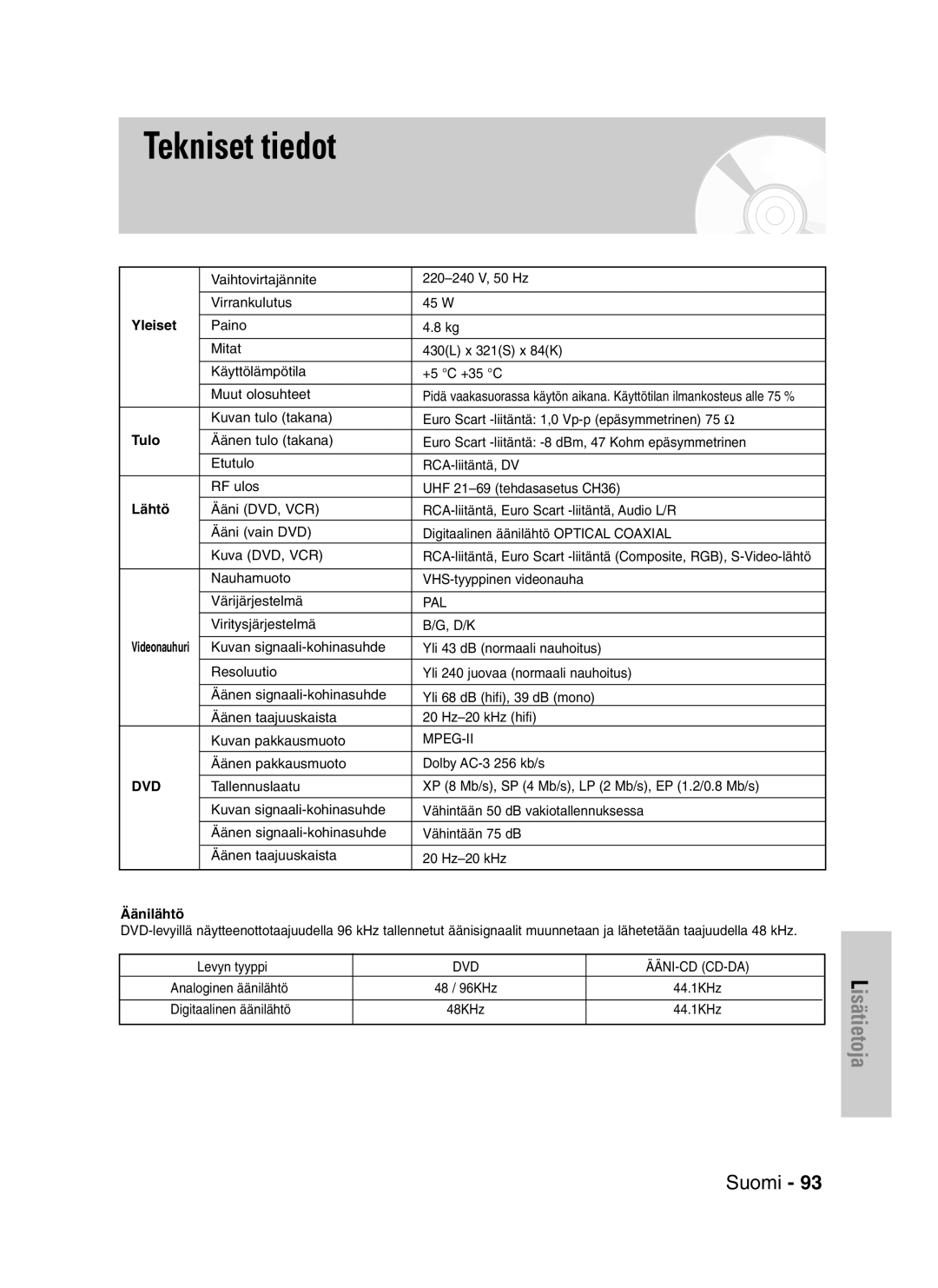 Samsung DVD-VR320/XEE manual Tekniset tiedot, Yleiset, Tulo, Lähtö, Äänilähtö 