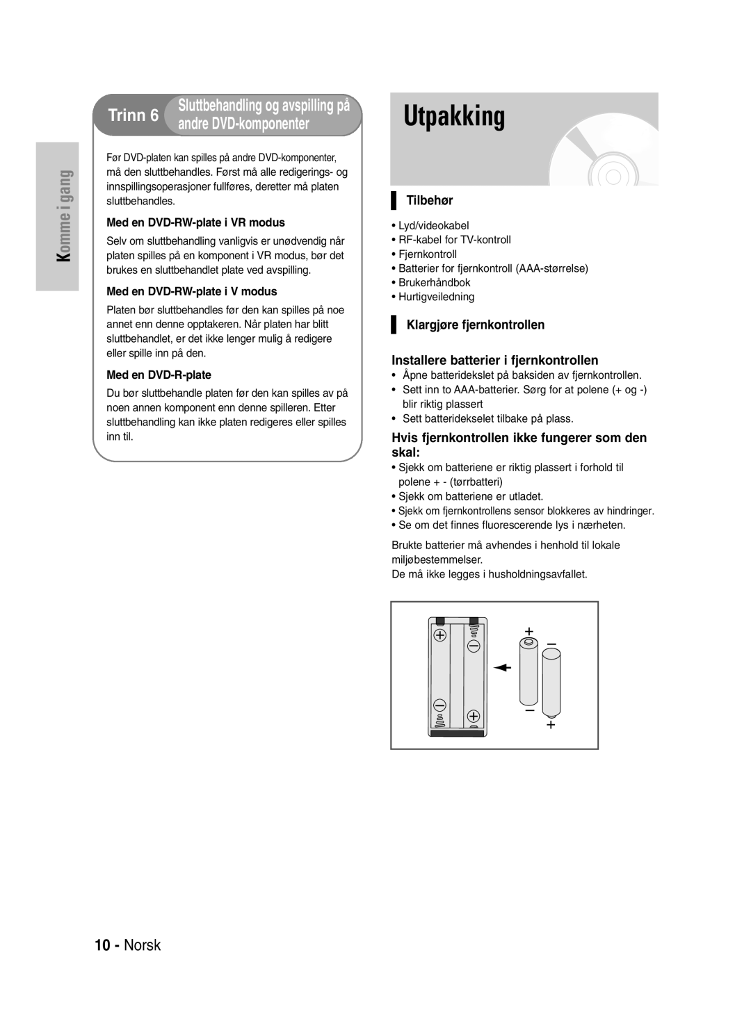 Samsung DVD-VR320/XEE manual Utpakking, Norsk, Tilbehør, Hvis fjernkontrollen ikke fungerer som den skal 