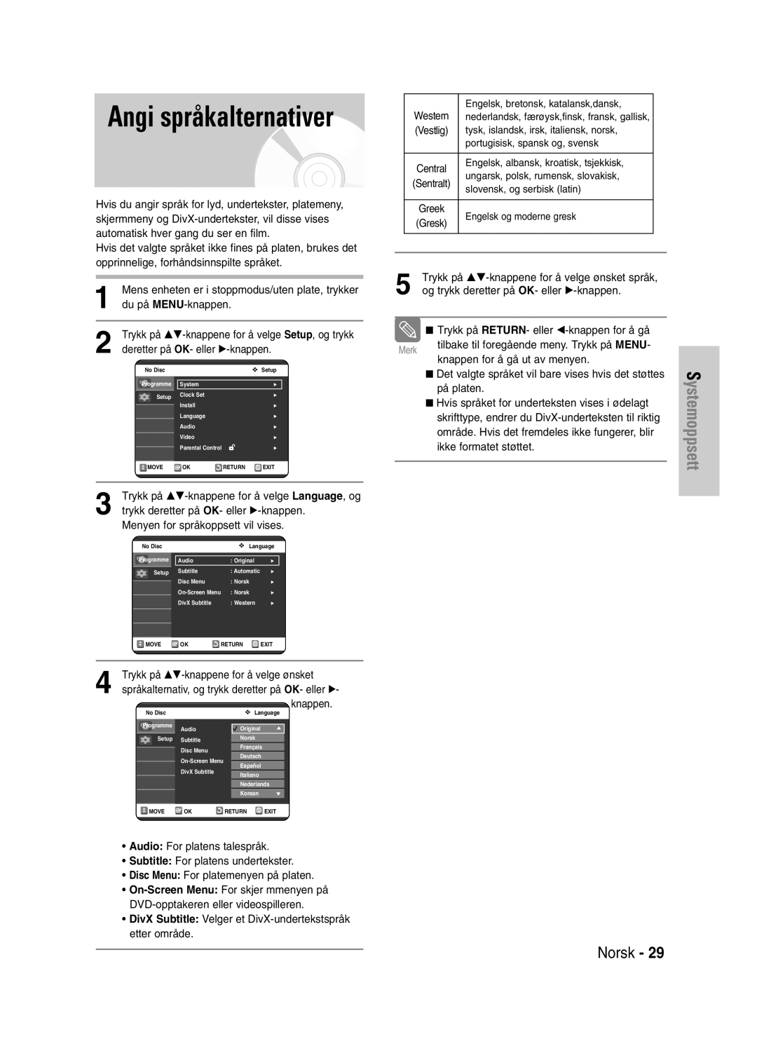 Samsung DVD-VR320/XEE manual Angi språkalternativer, DivX Subtitle Velger et DivX-undertekstspråk etter område 