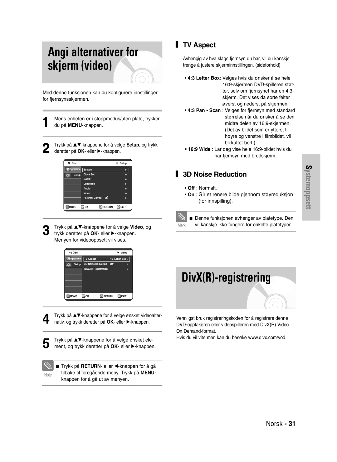 Samsung DVD-VR320/XEE manual DivXR-registrering, TV Aspect, 3D Noise Reduction 