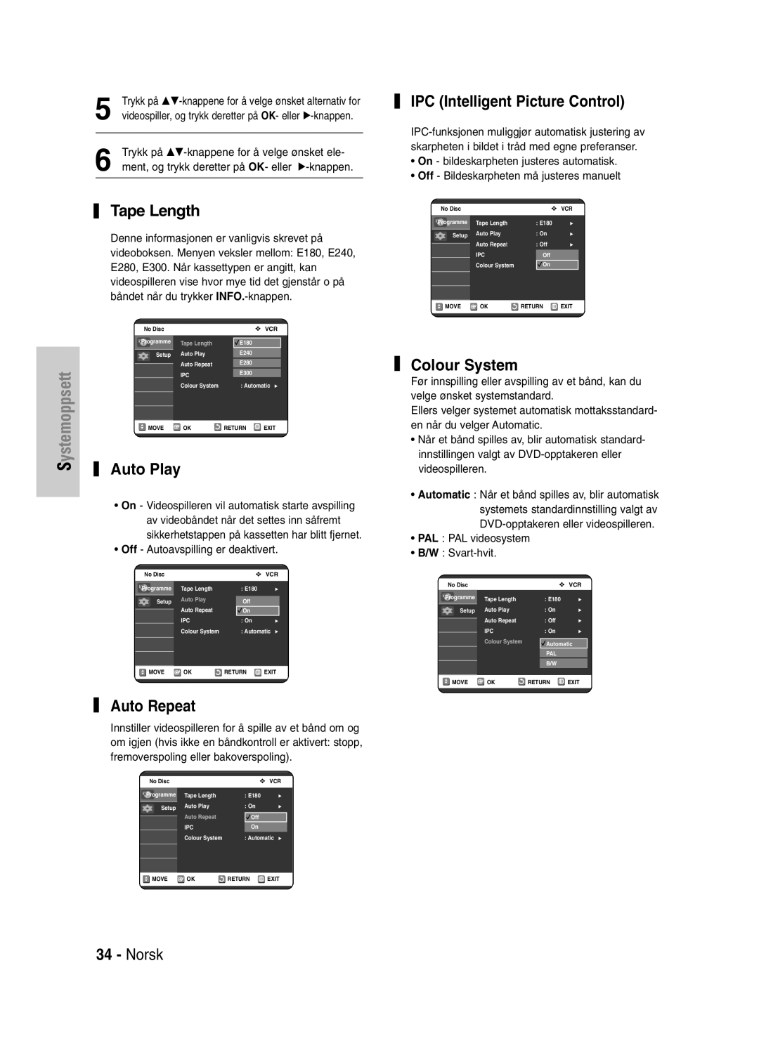 Samsung DVD-VR320/XEE manual Tape Length, Auto Play, Auto Repeat, Norsk IPC Intelligent Picture Control, Colour System 