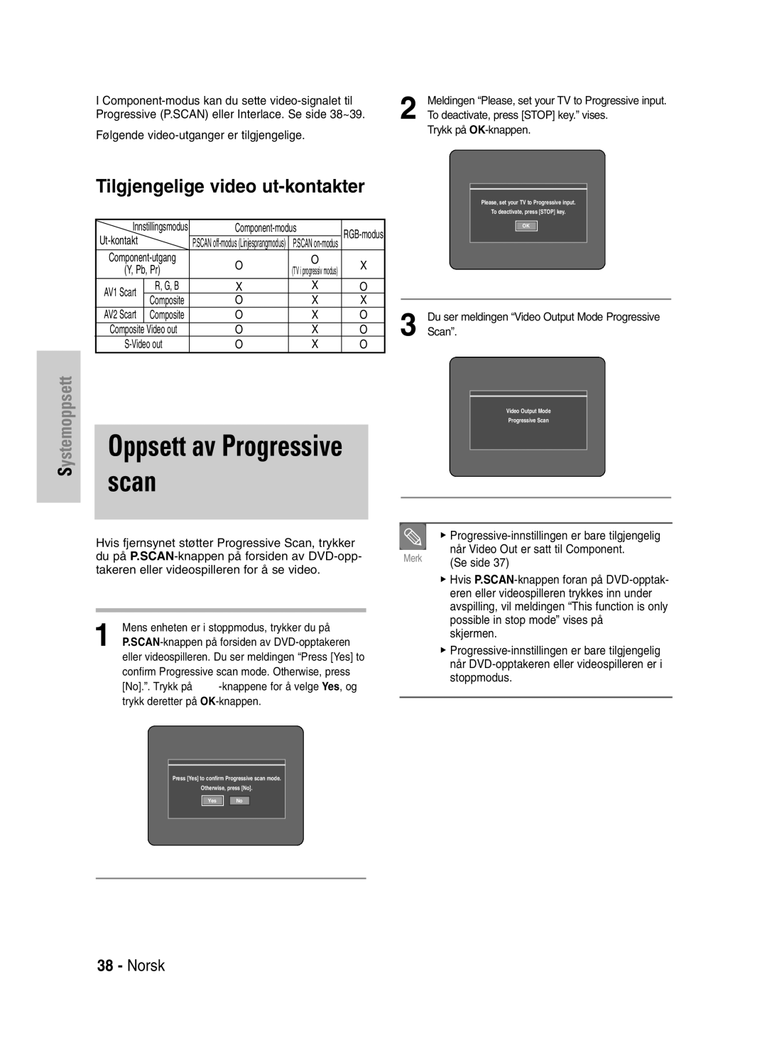 Samsung DVD-VR320/XEE manual Scan, Oppsett av Progressive 