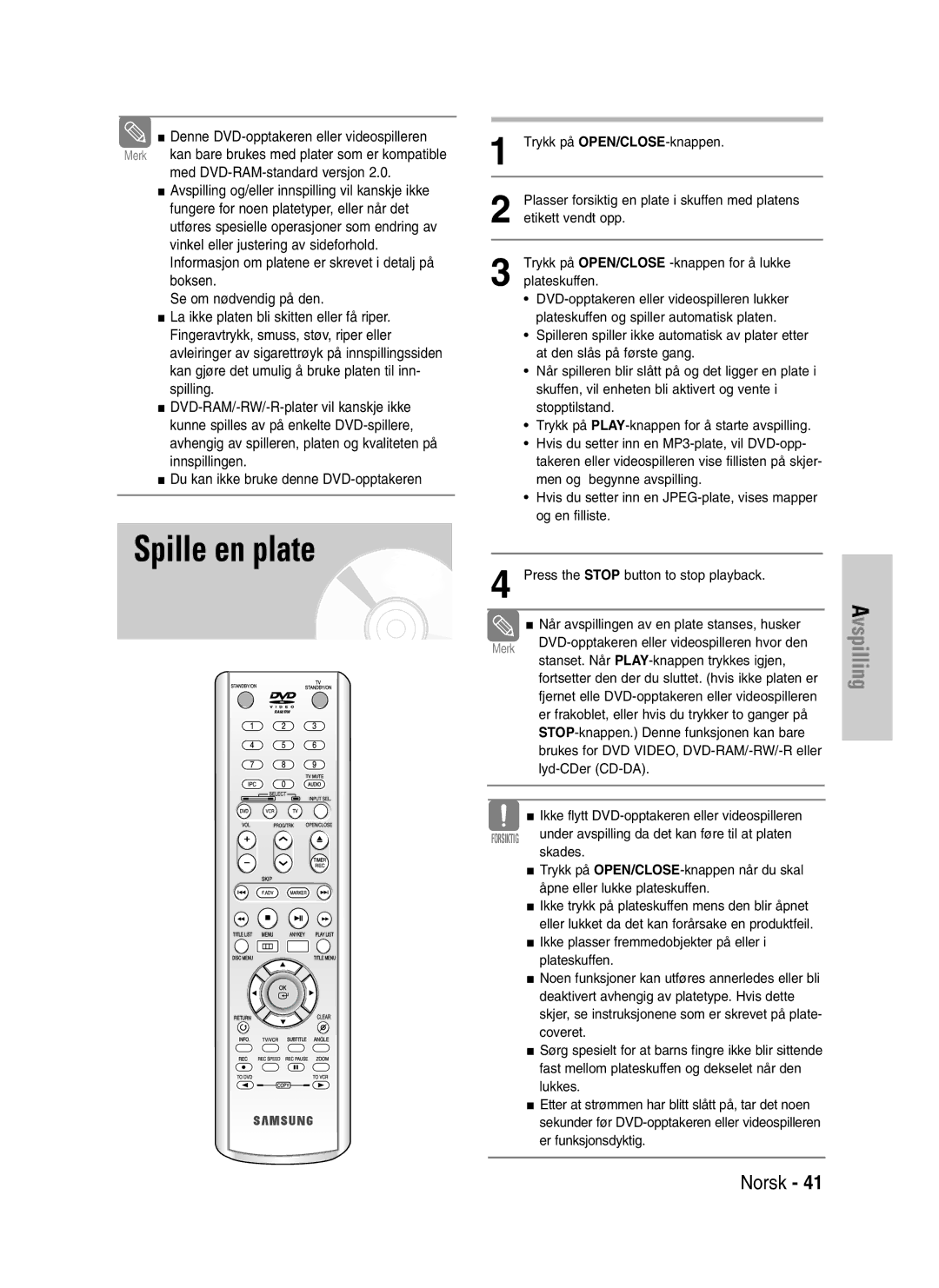 Samsung DVD-VR320/XEE manual Spille en plate 