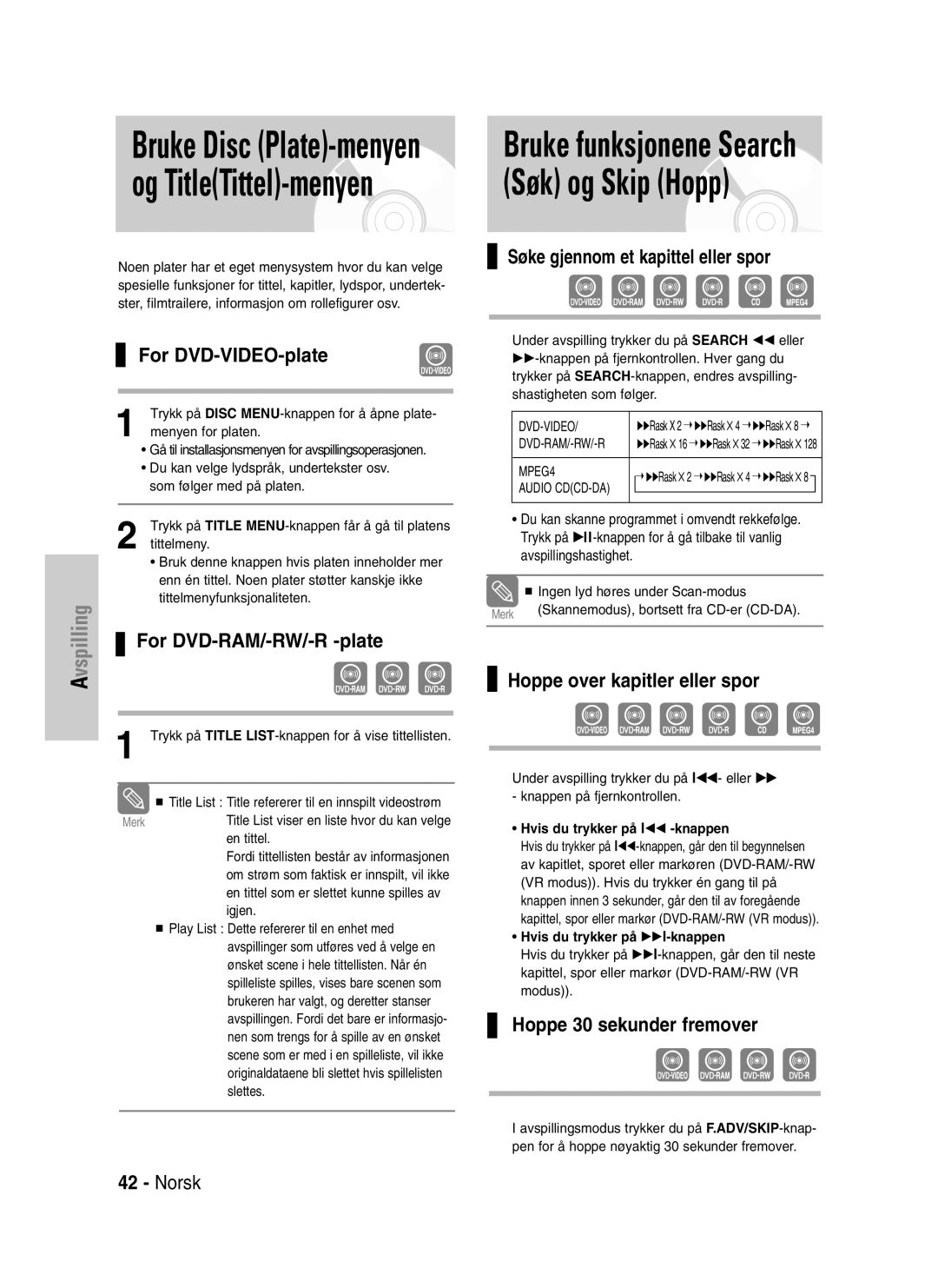 Samsung DVD-VR320/XEE manual For DVD-VIDEO-plate, Søke gjennom et kapittel eller spor, For DVD-RAM/-RW/-R -plate 