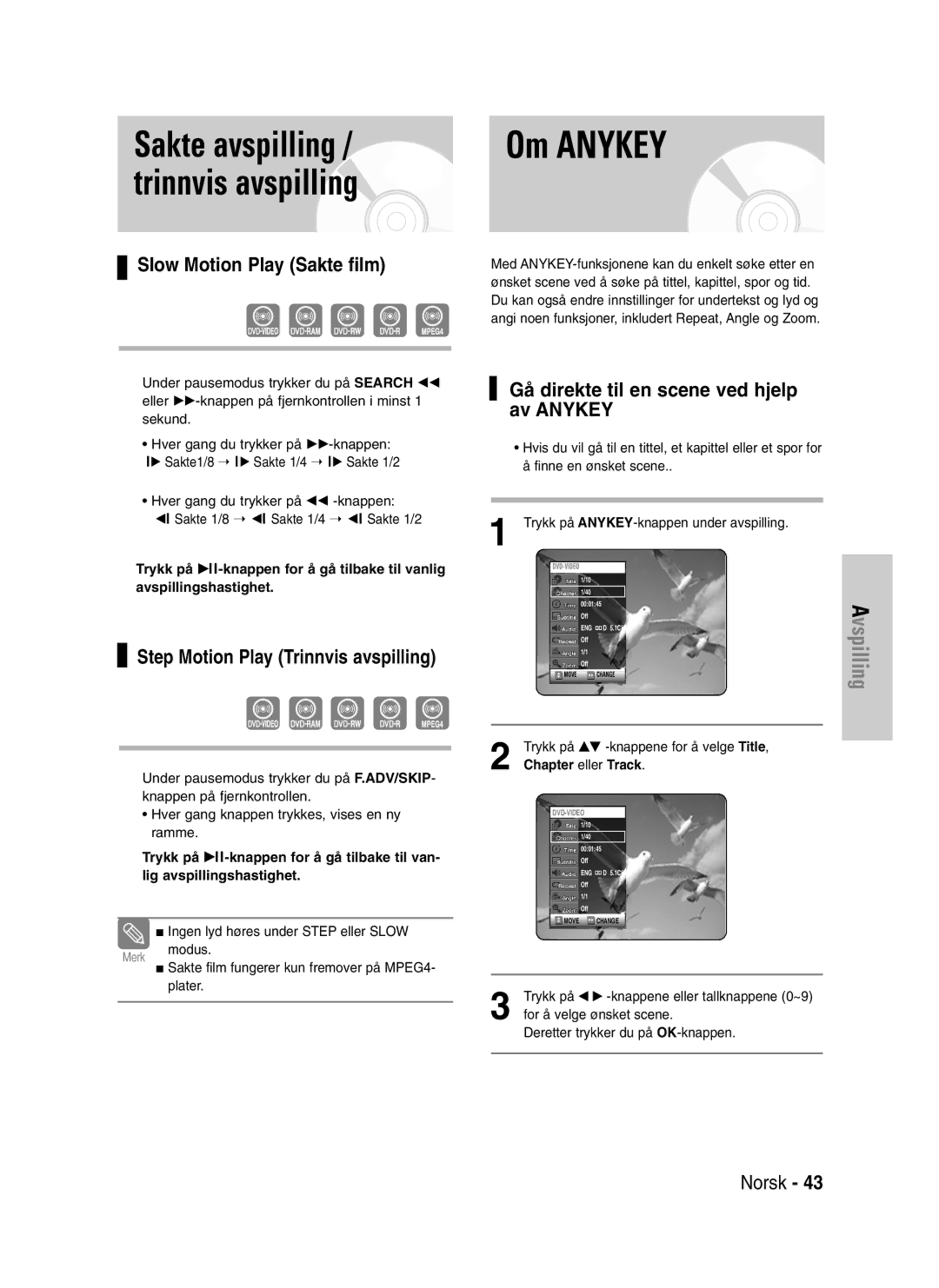 Samsung DVD-VR320/XEE manual Om Anykey, Sakte avspilling / trinnvis avspilling, Slow Motion Play Sakte film 