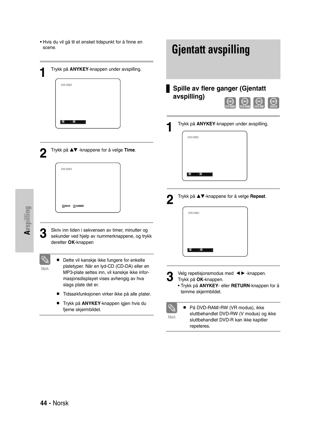 Samsung DVD-VR320/XEE manual Spille av flere ganger Gjentatt avspilling 