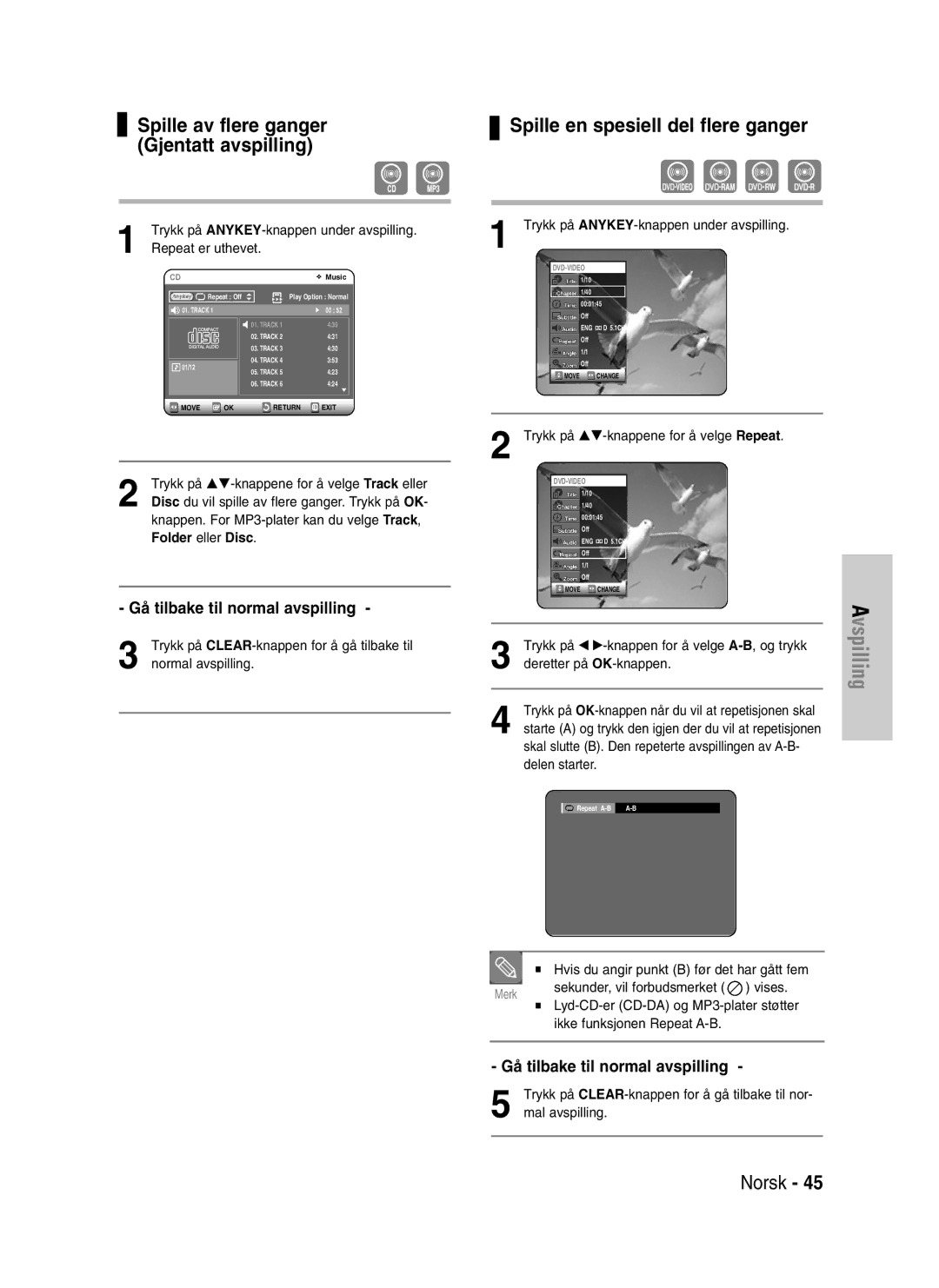 Samsung DVD-VR320/XEE manual Spille en spesiell del flere ganger, Gå tilbake til normal avspilling 