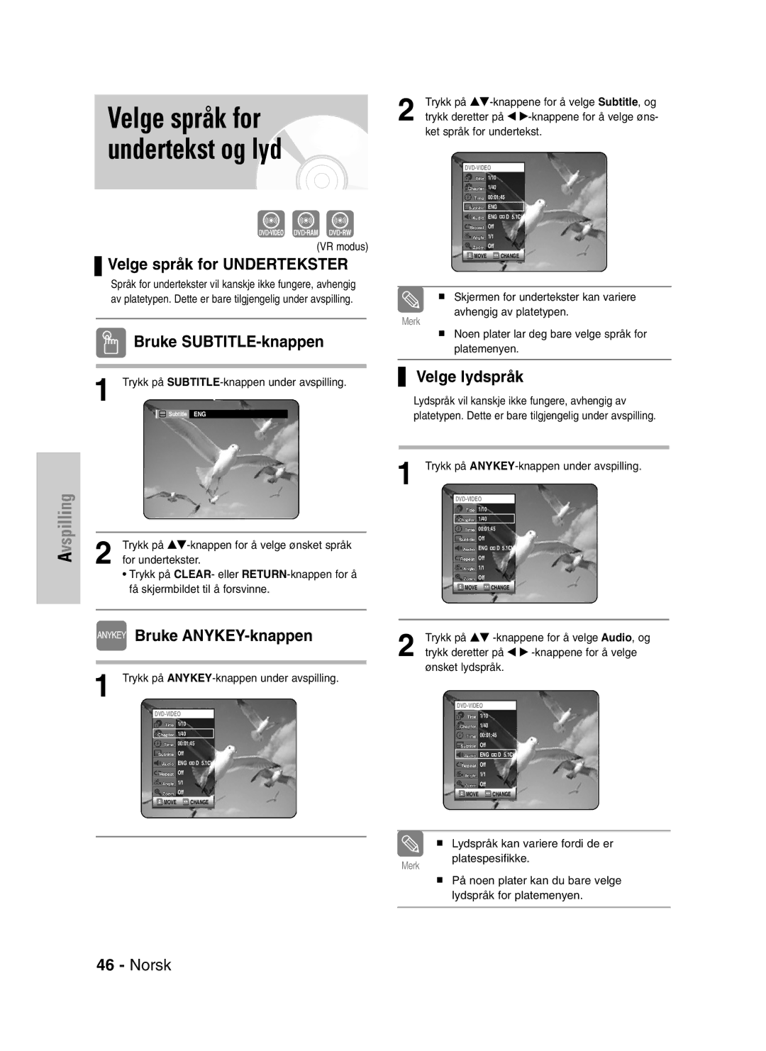 Samsung DVD-VR320/XEE manual Velge språk for undertekst og lyd, Velge språk for Undertekster, Bruke SUBTITLE-knappen 