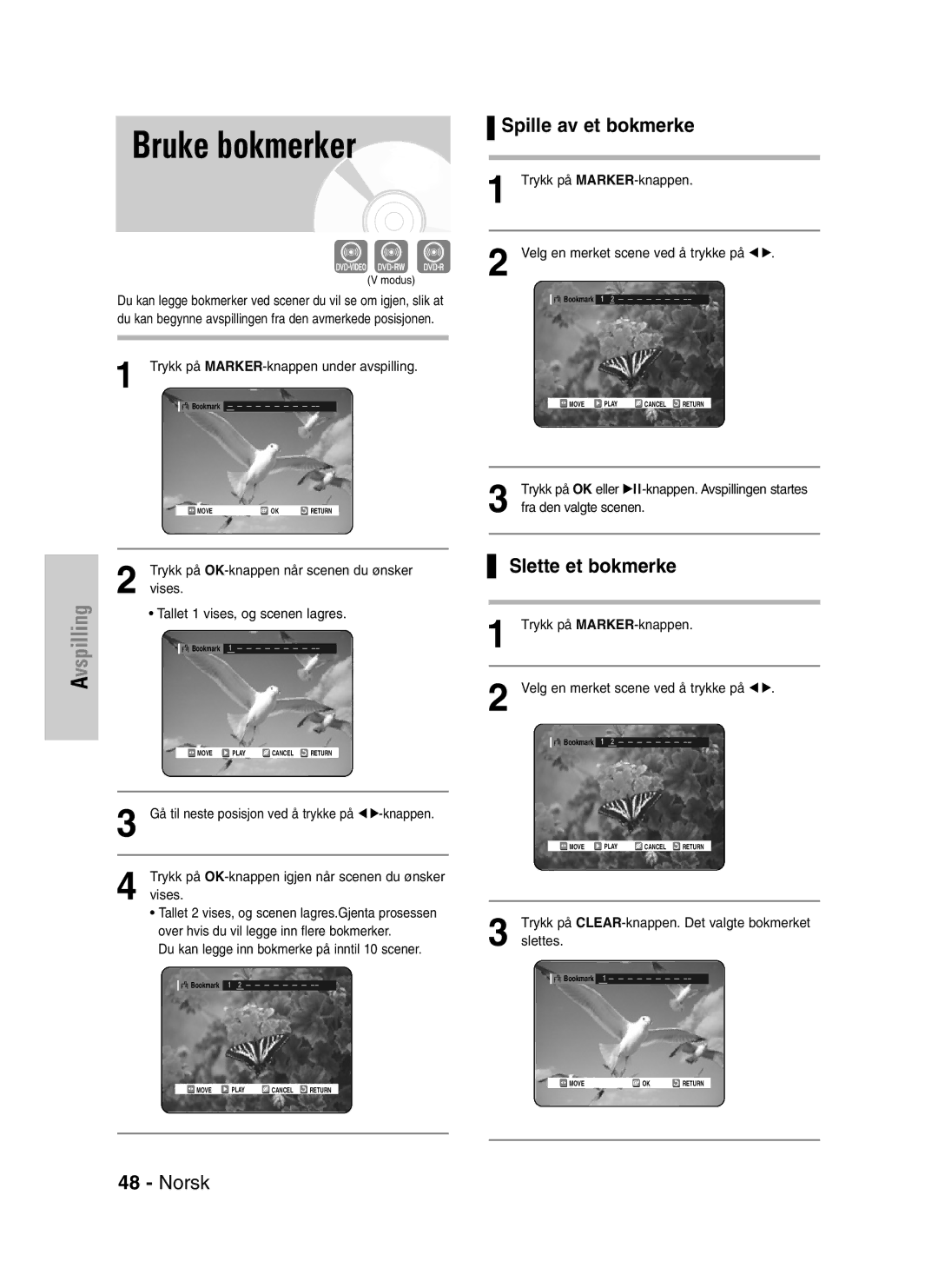 Samsung DVD-VR320/XEE manual Bruke bokmerker, Spille av et bokmerke, Slette et bokmerke 