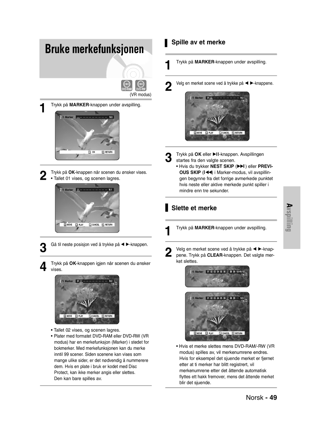 Samsung DVD-VR320/XEE manual Spille av et merke, Slette et merke 