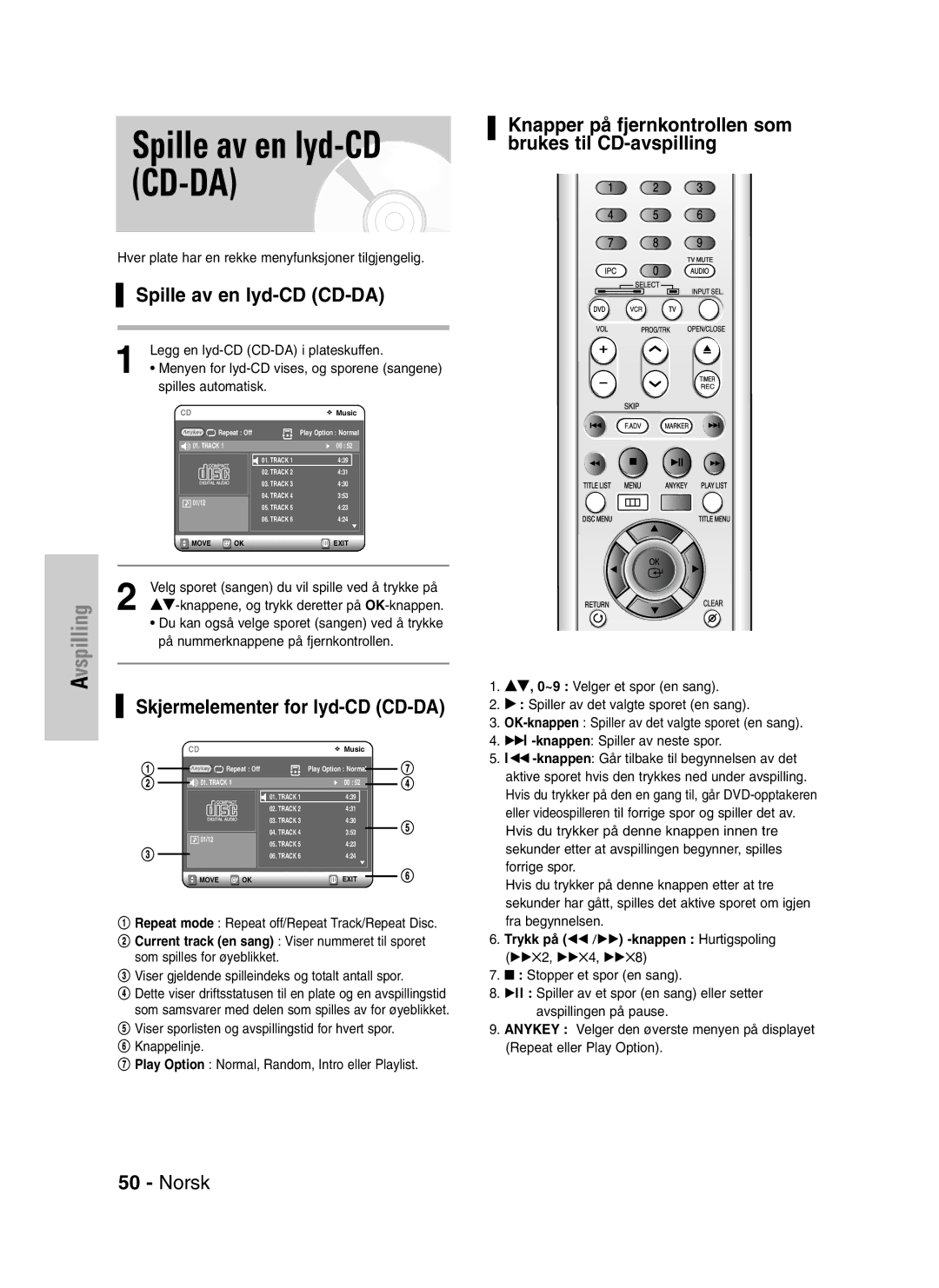 Samsung DVD-VR320/XEE manual Spille av en lyd-CD CD-DA, Skjermelementer for lyd-CD CD-DA 