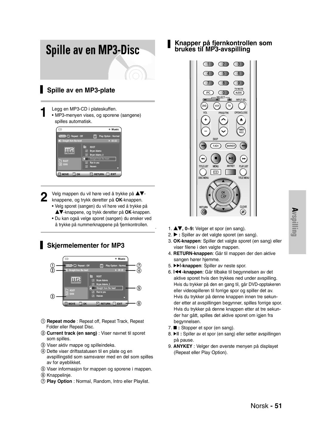 Samsung DVD-VR320/XEE manual Spille av en MP3-plate, Skjermelementer for MP3 